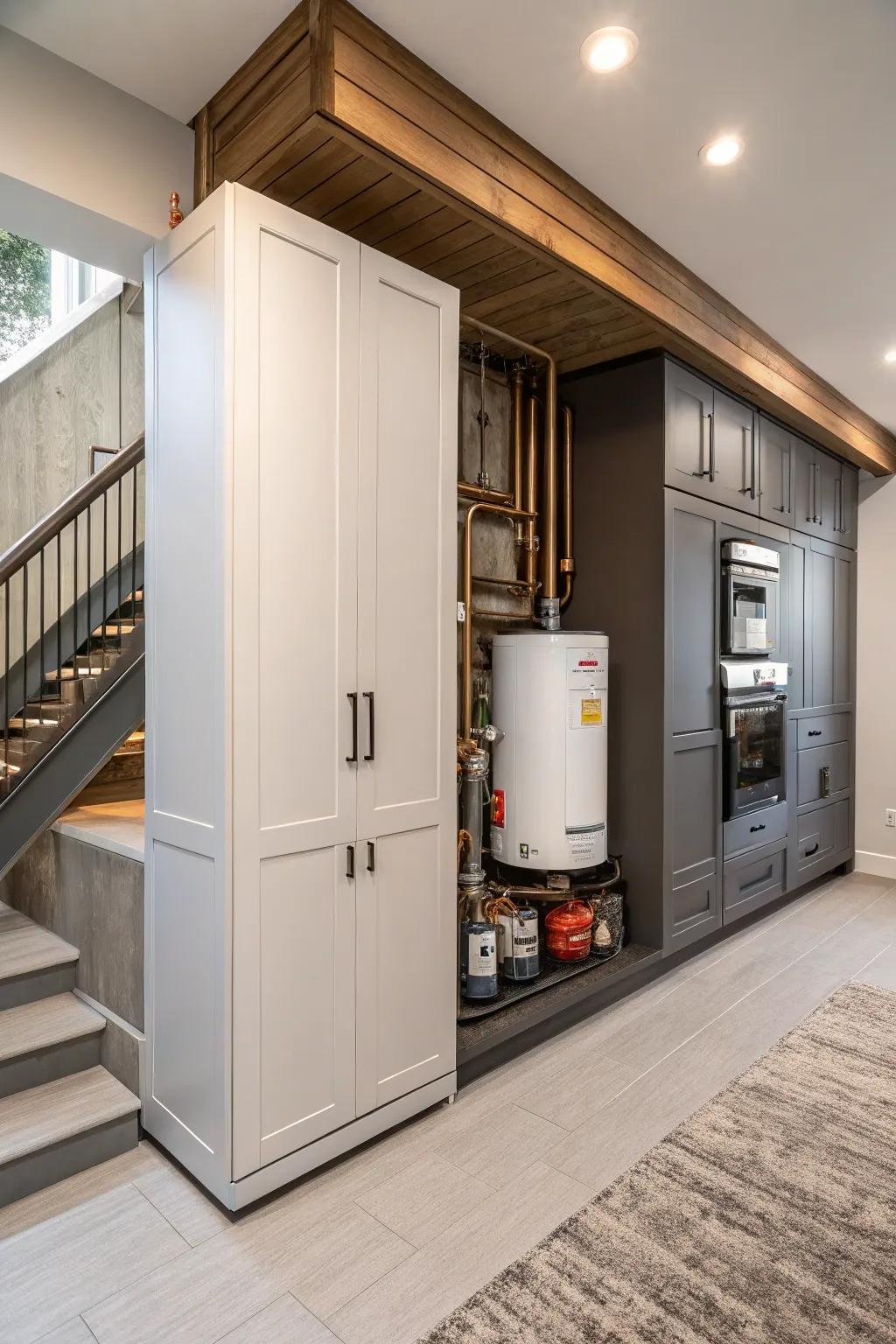 Custom-built cabinetry providing a seamless enclosure for a furnace and water heater.