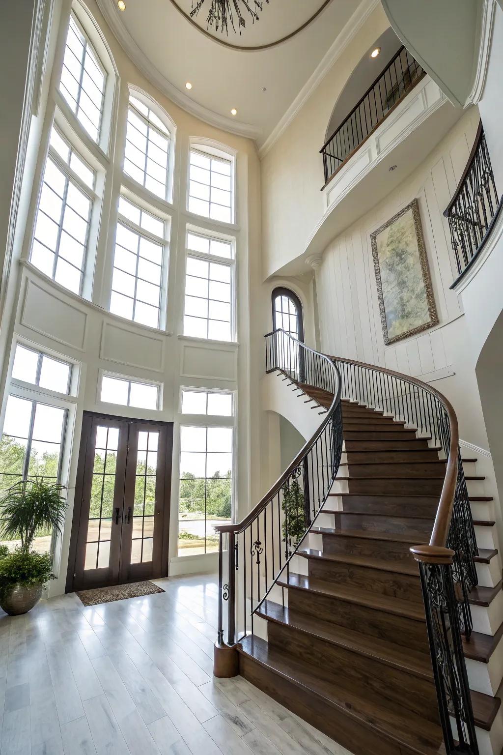 A striking stairwell amplifies the grandeur of the entryway.
