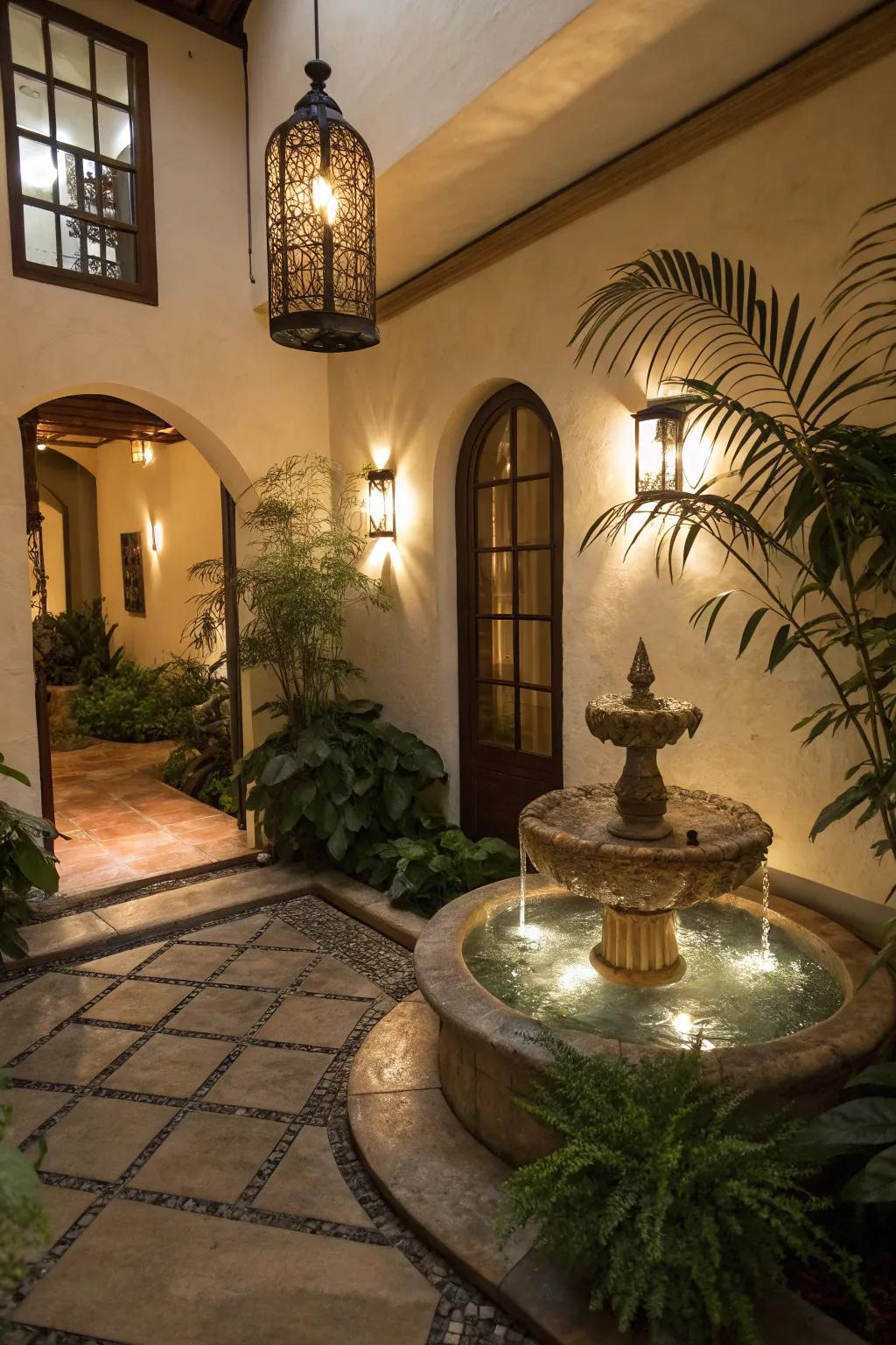 A serene atrium showcasing a calming fountain centerpiece.