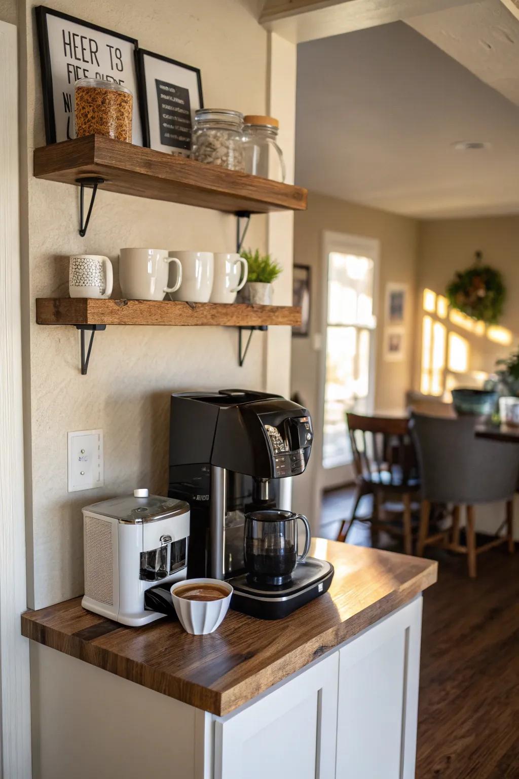 A compact corner coffee station delivers a cozy escape for coffee moments.