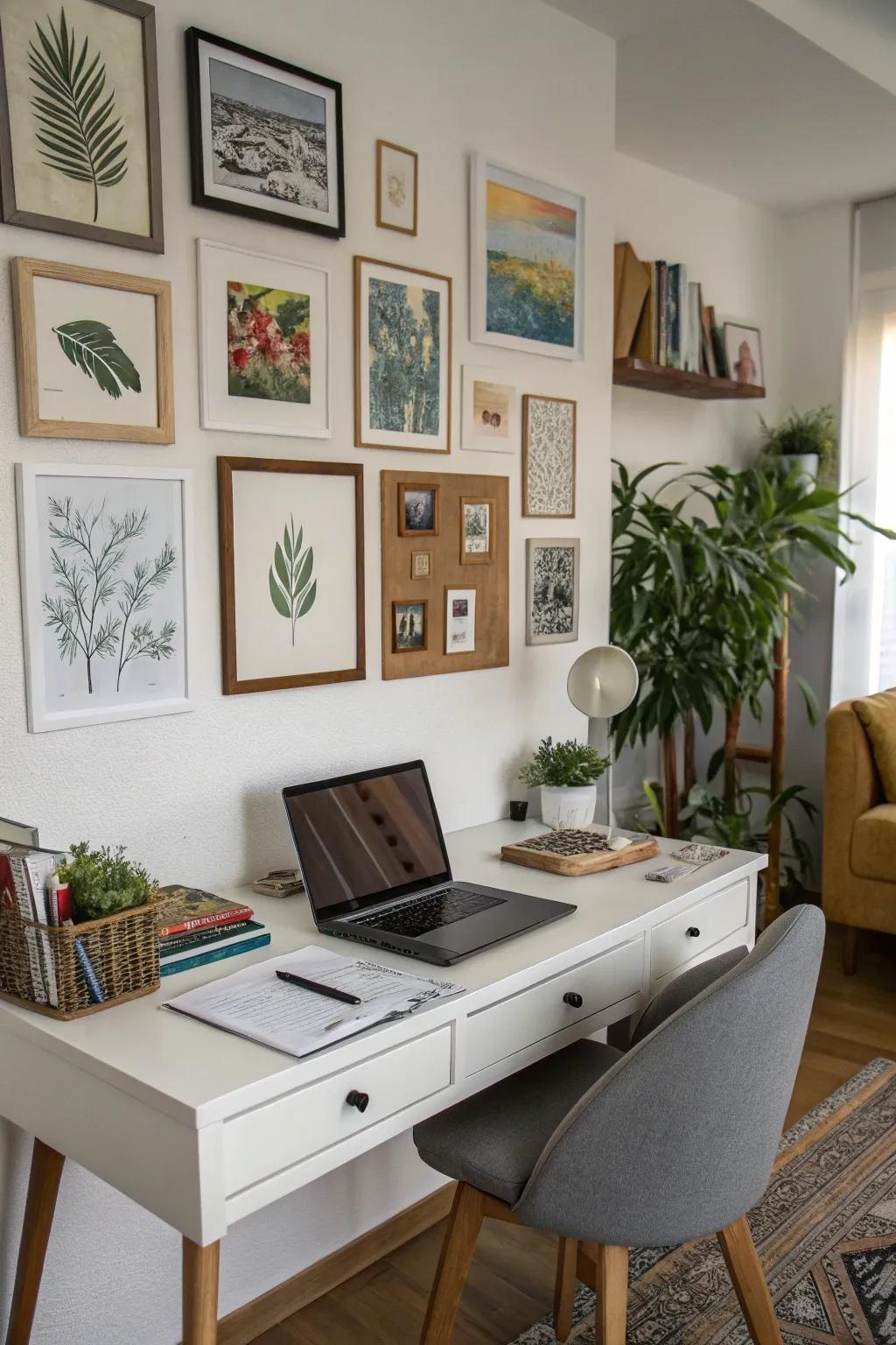 An inspiring curated display imparts a personal element to this home office.