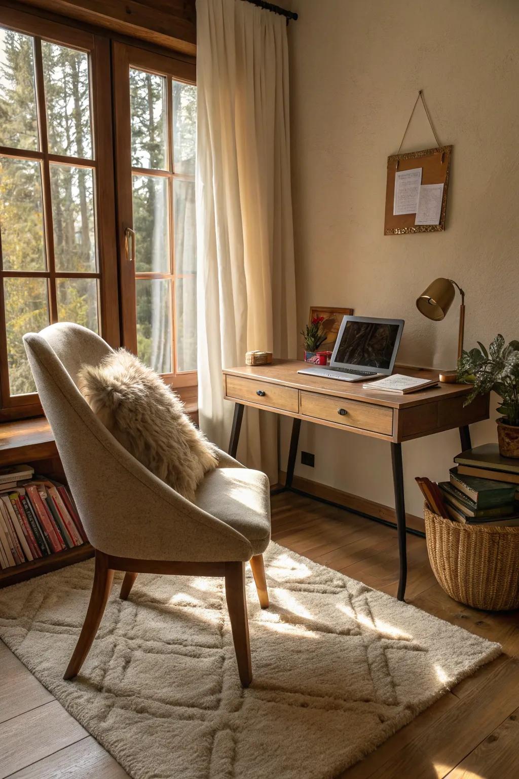 Comfortable fabrics add warmth and coziness to your home office.