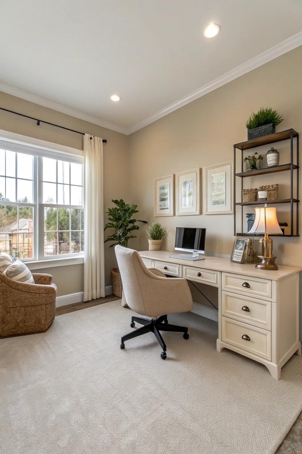 Understated beige walls foster a welcoming and warm home office atmosphere.