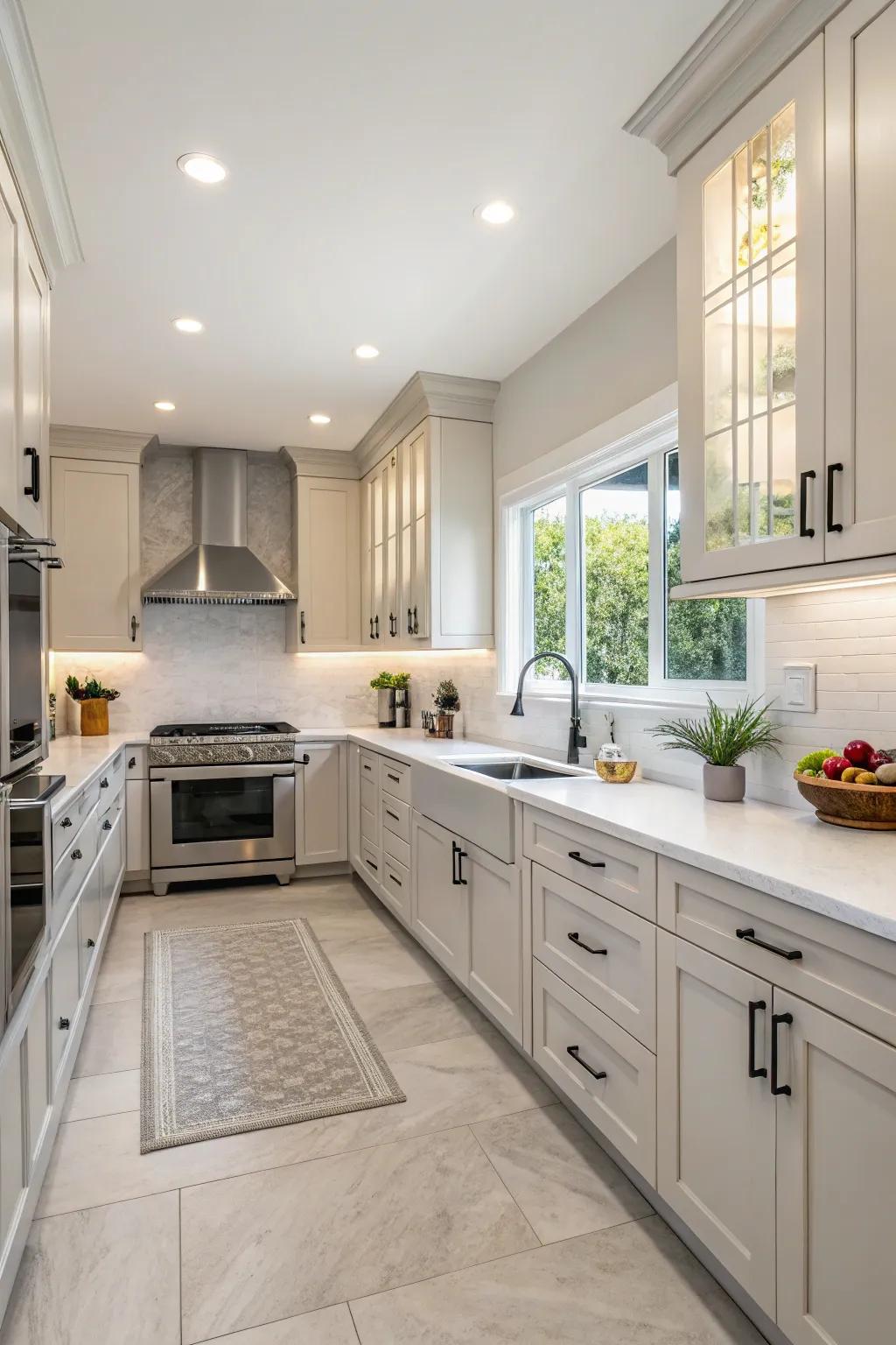 Kitchen cabinets brought back to life with a fresh application of paint and updated hardware.