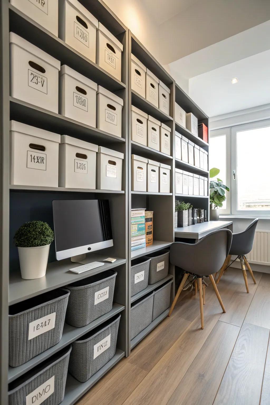 Storage containers neatly arrange the study area.