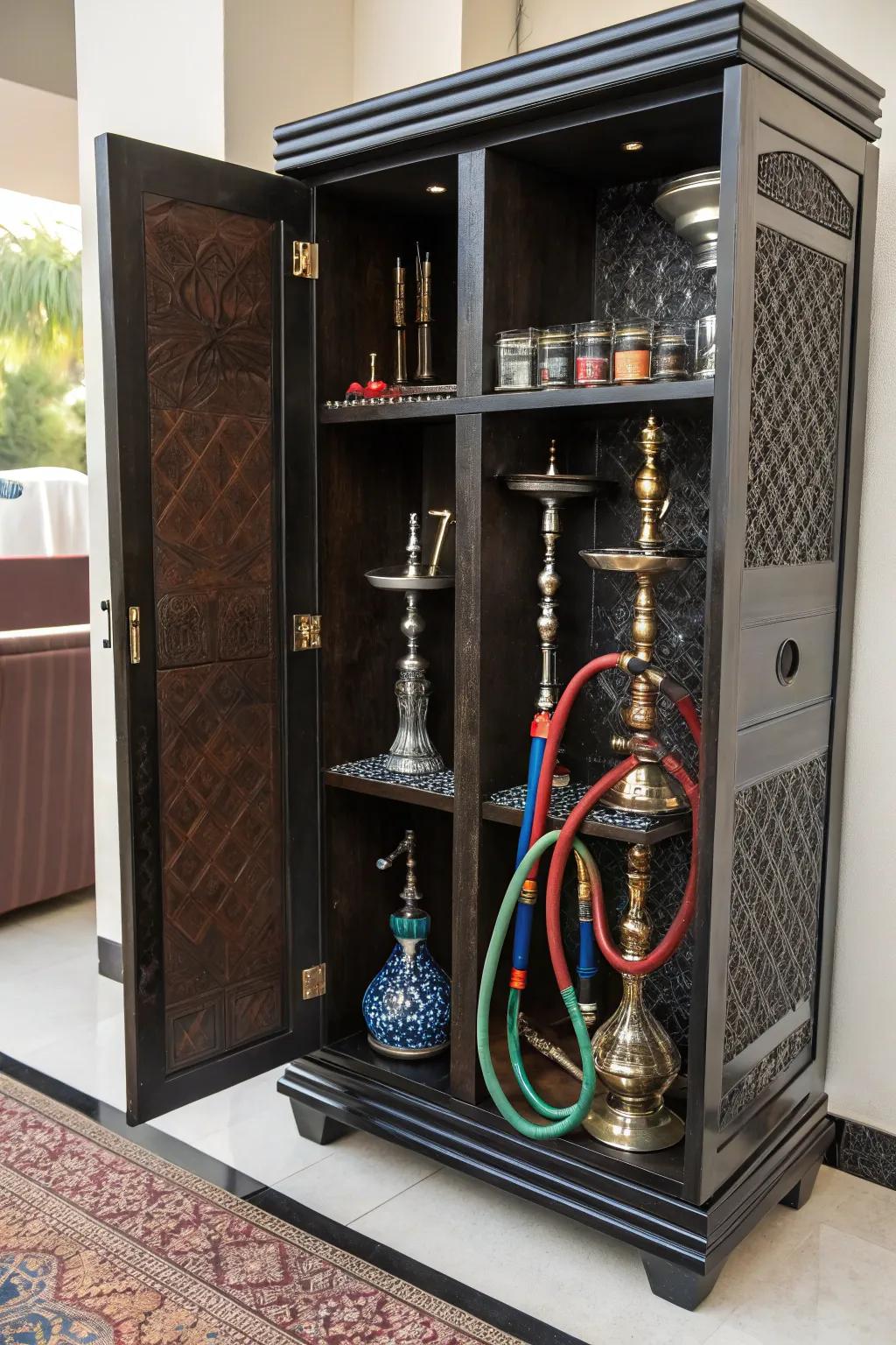A stylish cabinet hides and organizes shisha supplies perfectly.