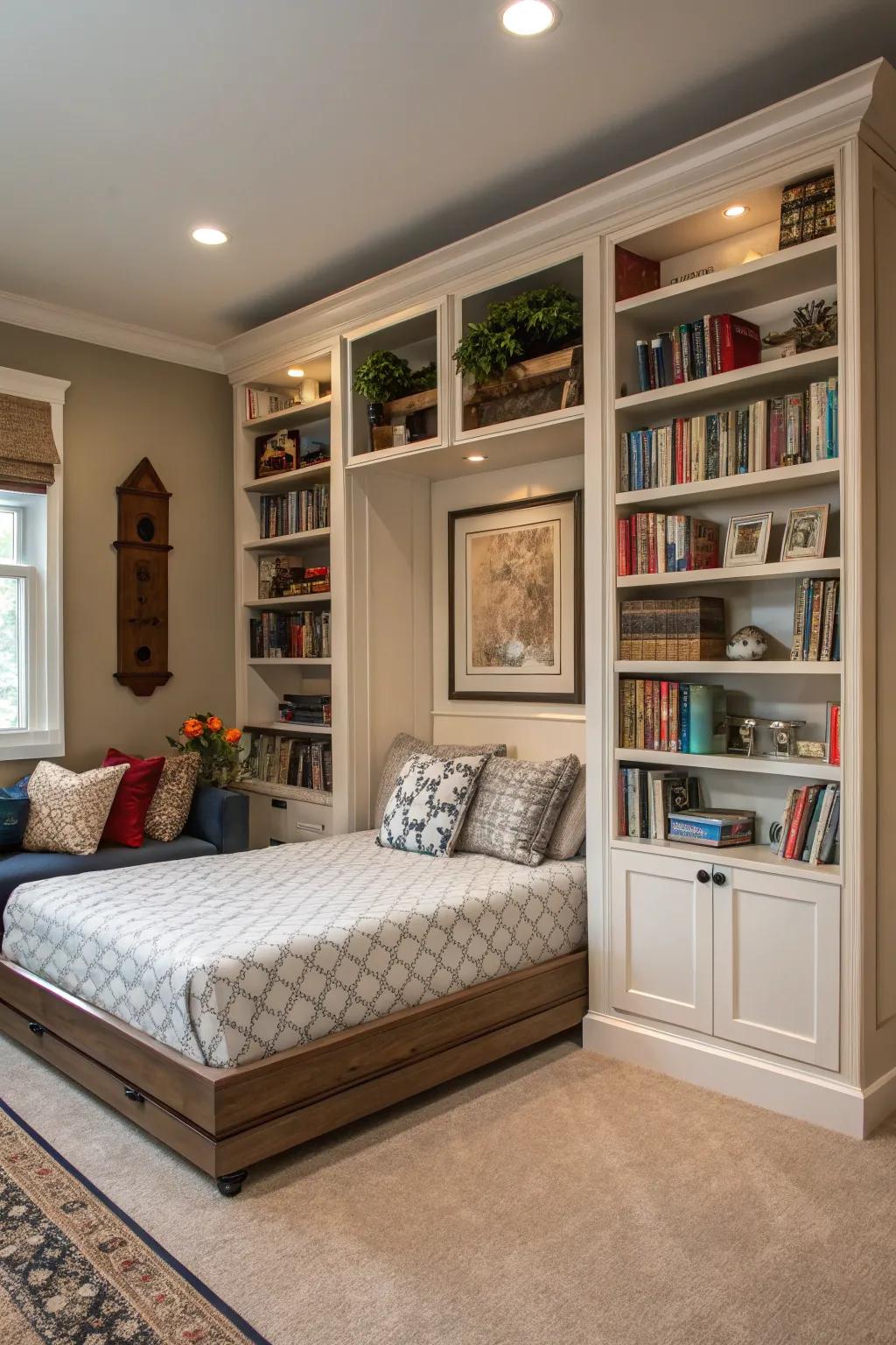 A hideaway bed tucked cleverly behind stylish bookshelves, merging storage and sleep.