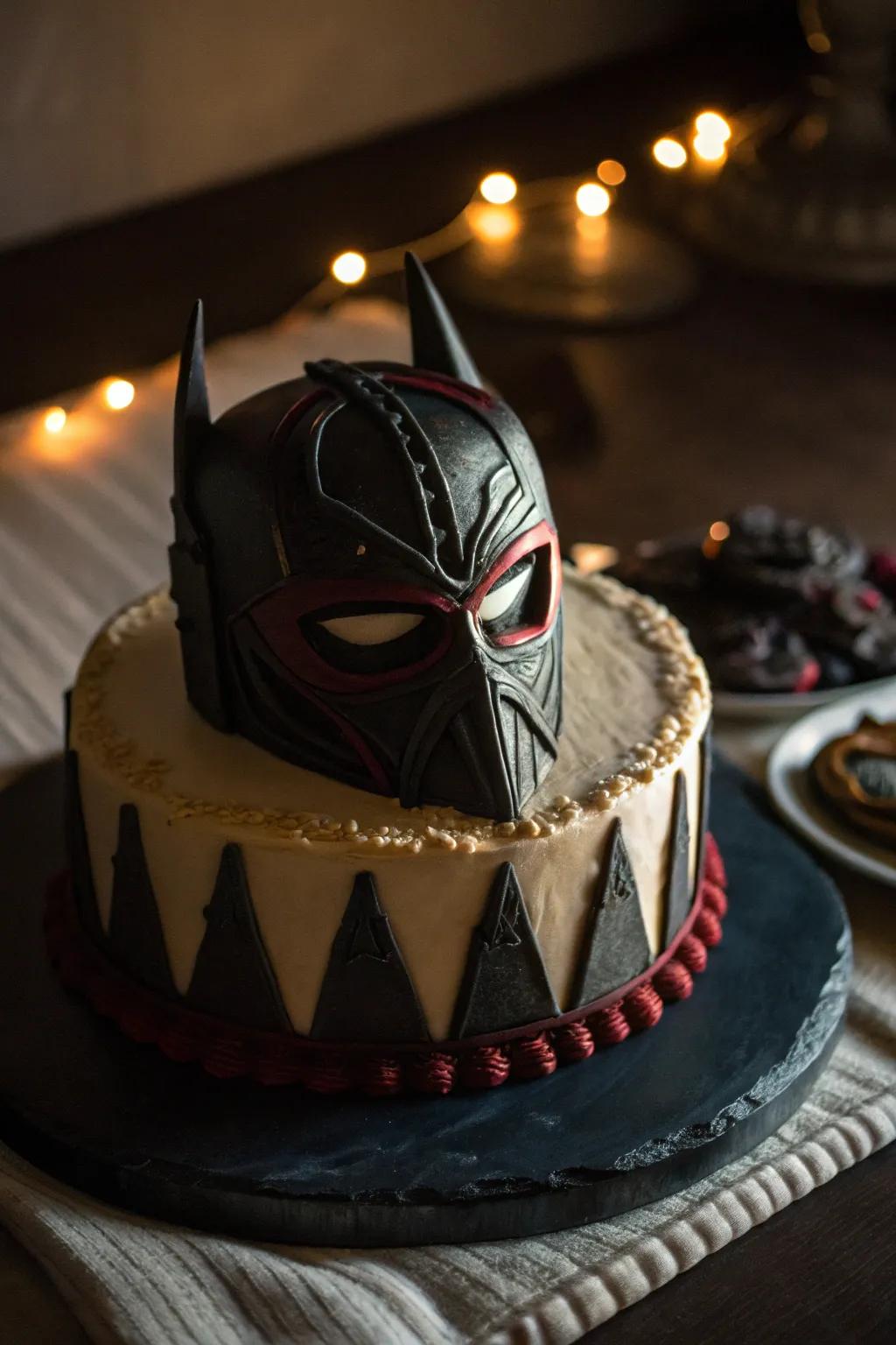 A villainous mask cake imbued with an aura of mystery.