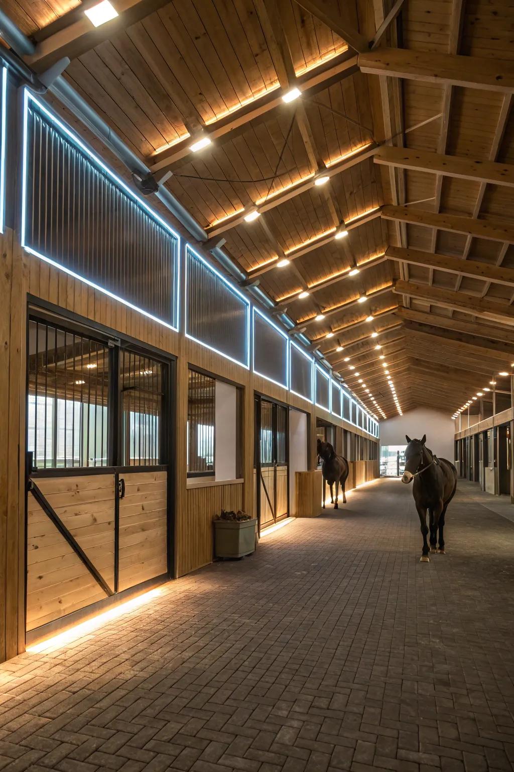 <strong><em>LED strips</em></strong> offer streamlined and effective lighting along the stable’s walls.” loading=”lazy” class=”pimg”>
</picture><figcaption><strong><em>LED strips</em></strong> offer streamlined and effective lighting along the stable’s walls.</figcaption></figure>
<p>For a contemporary feel, think about installing <strong><em>LED strip lights</em></strong> along the parameter of your stable or ceilings. I’ve observed that these are an exceptional method to ensure consistent illumination throughout the stable.</p>
<h3>Explore these options:</h3>
<ul class=
