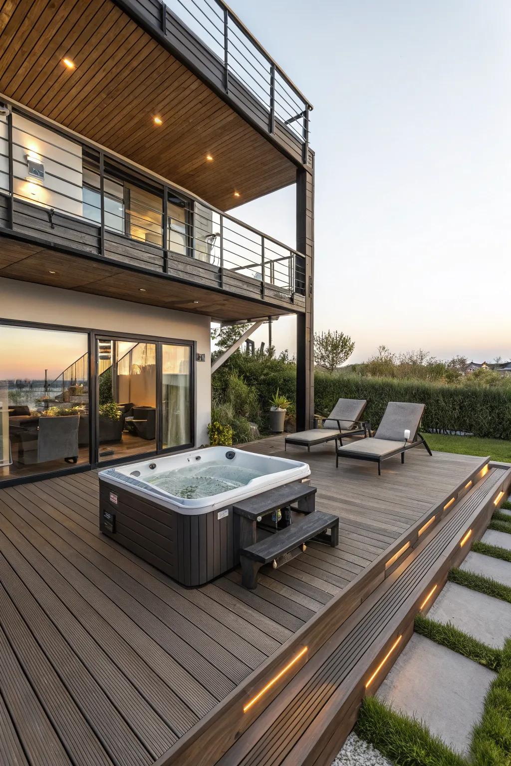 Improve your backyard’s design with a tiered deck and hot tub.