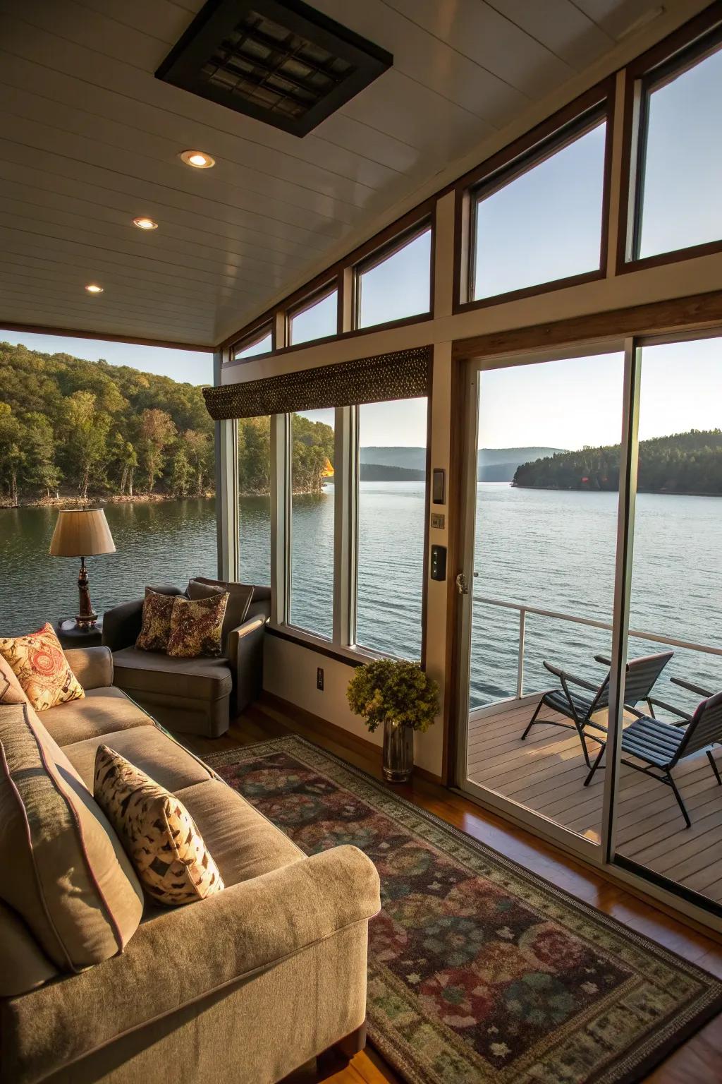 Expansive windows boost light and scenery in this houseboat living room.