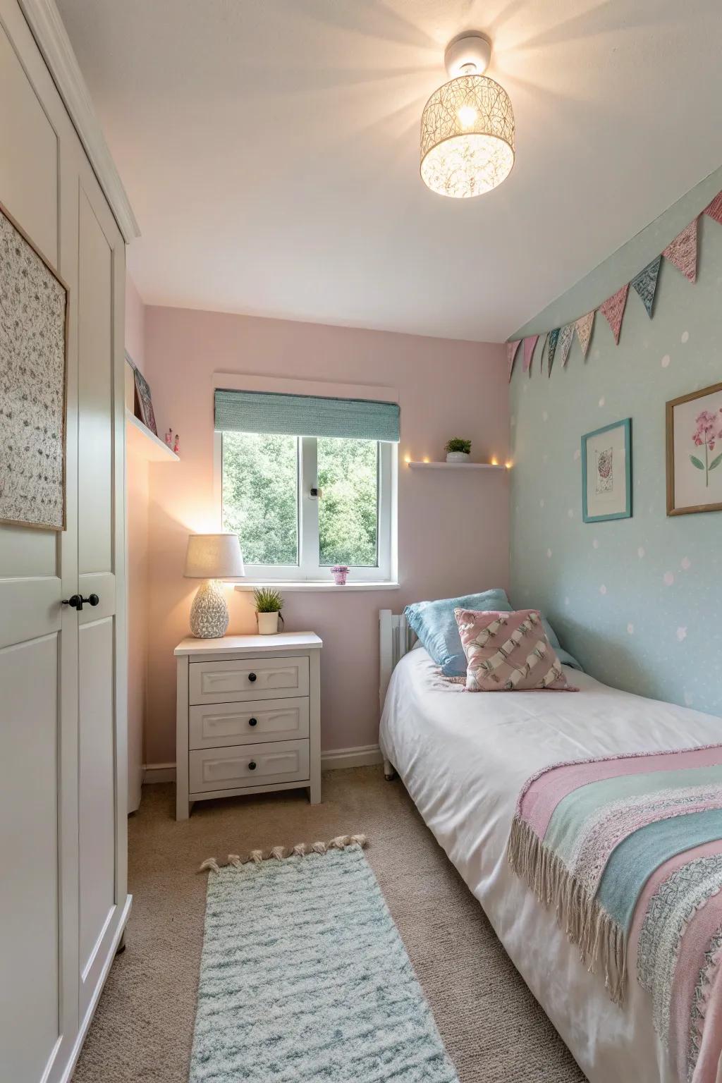 A compact bedroom featuring a light color scheme, crafting a serene and spacious feel.