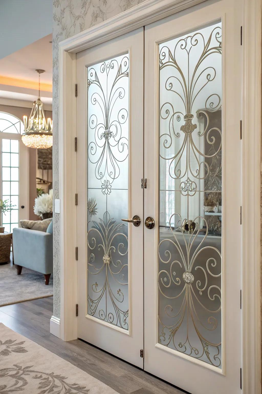 Frosted glass enhances privacy and adds an artistic touch to French doors.