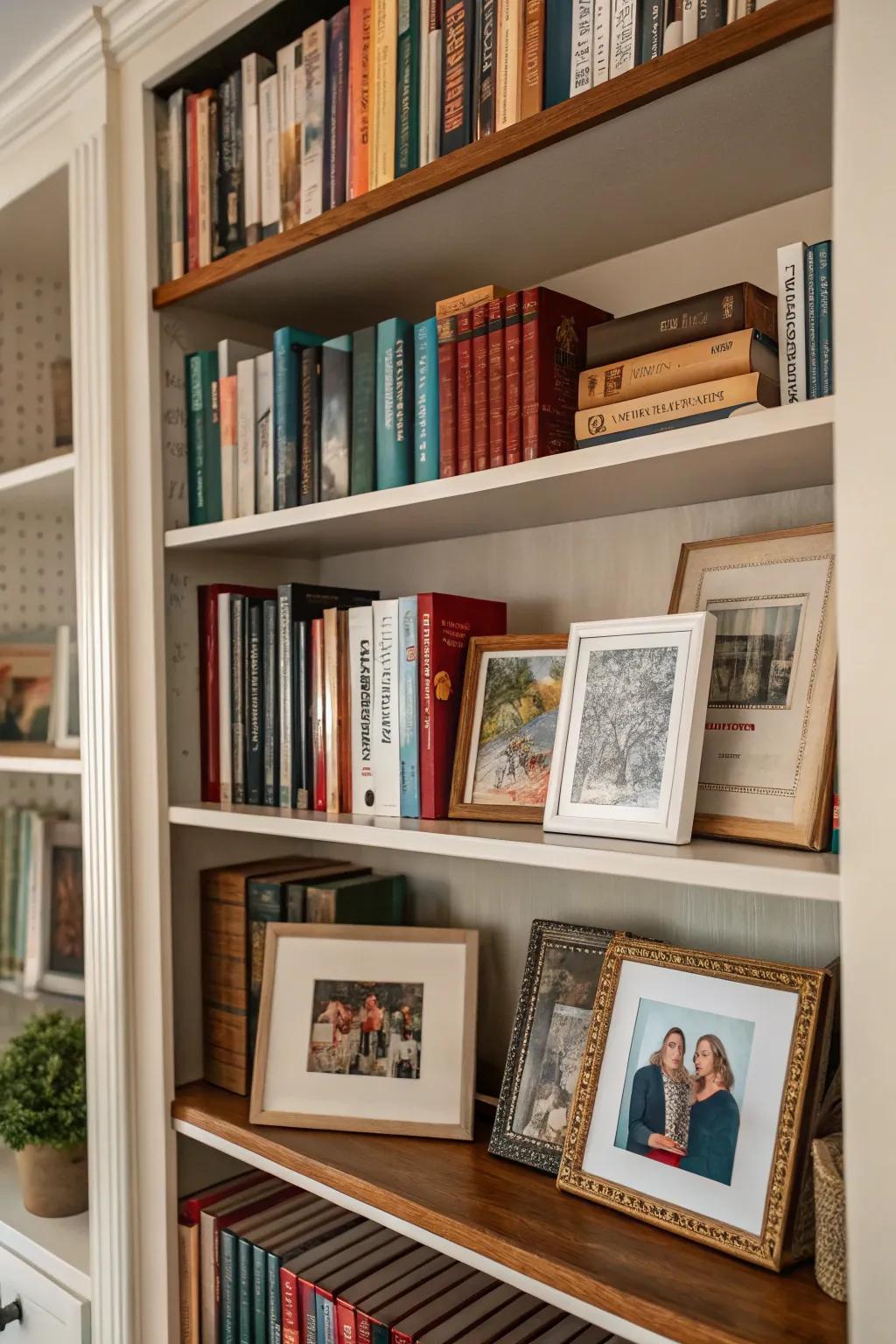 Bookshelf displaying encased art and family images.