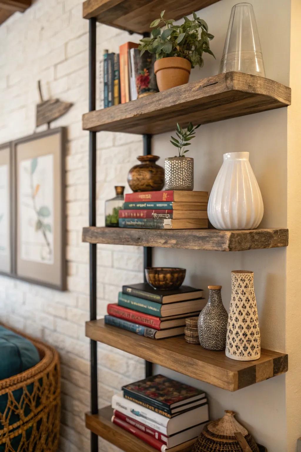Elevated shelves infuse storage and charm into any corner.