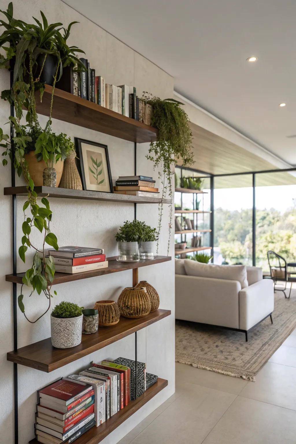 Shelving units provide both utility and flair for sizable walls.