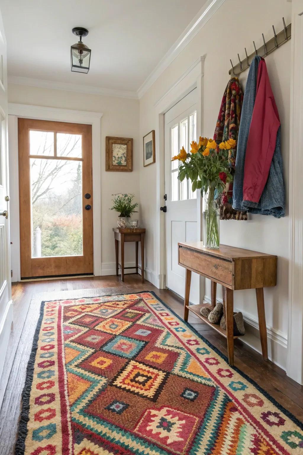 A colorful rug adds warmth and makes the entryway feel more defined.