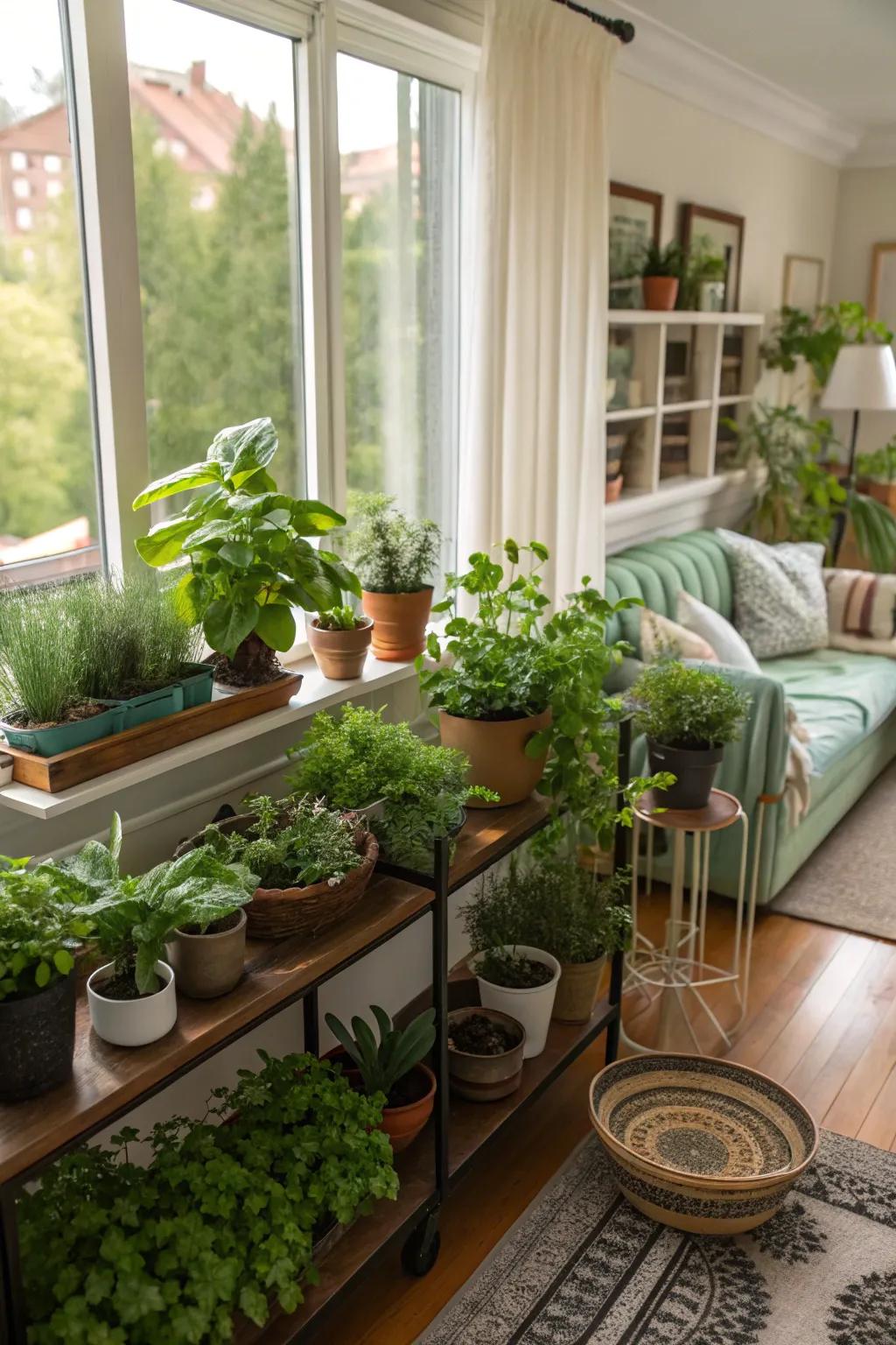 Potted plants and herbs give a natural touch to the family room.