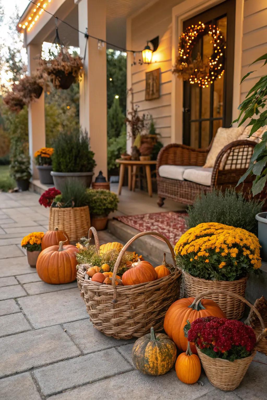Baskets infuse outdoor spaces with seasonal charm.