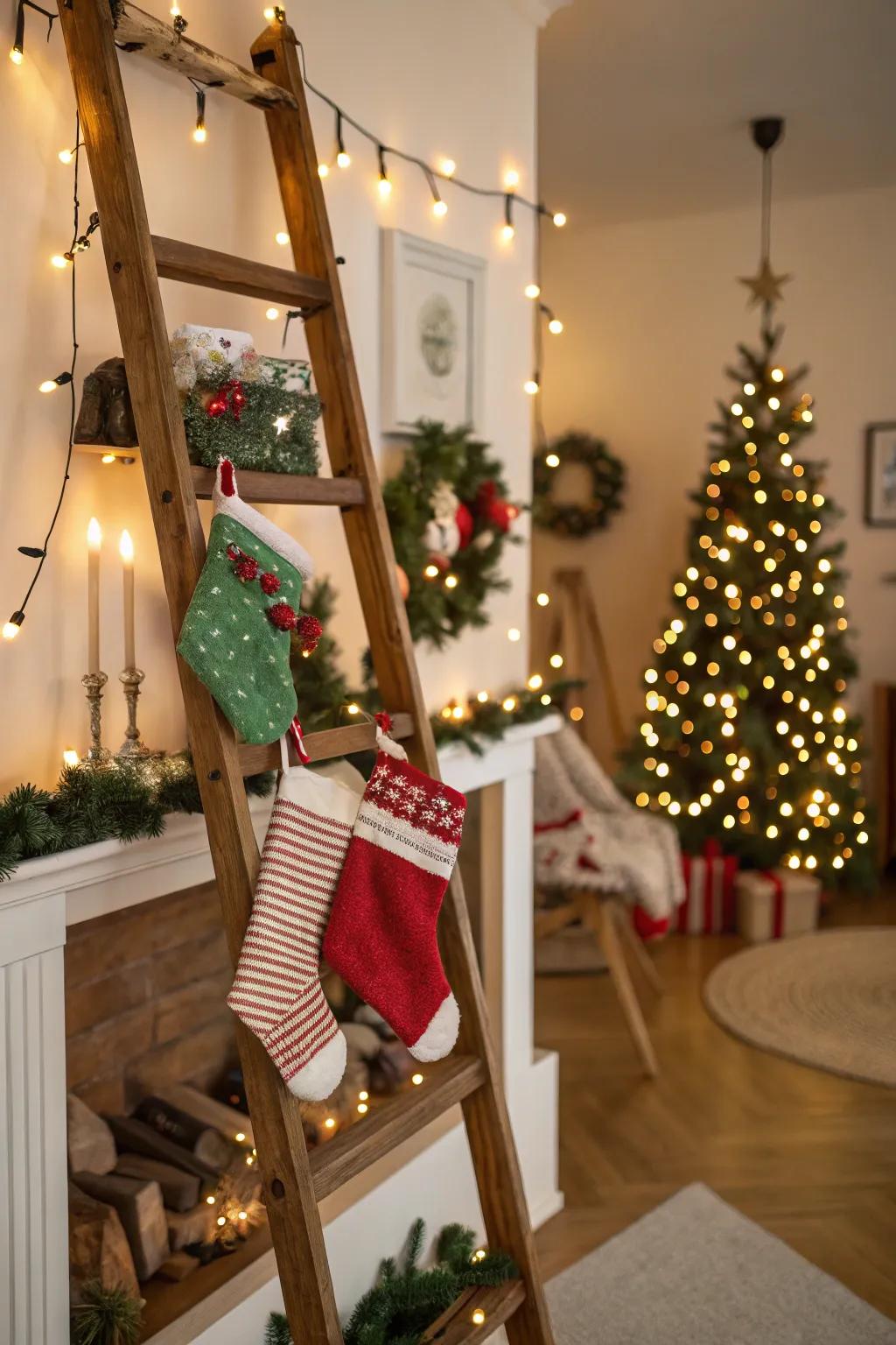 A decorative ladder is a novel and stylish approach to presenting stockings.