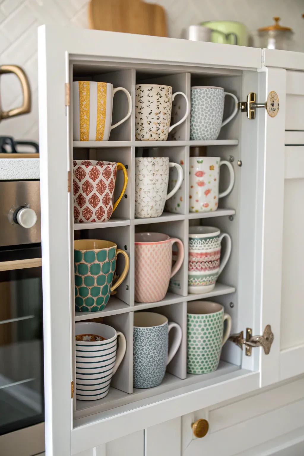 Optimize cabinet door space using mug organizers.