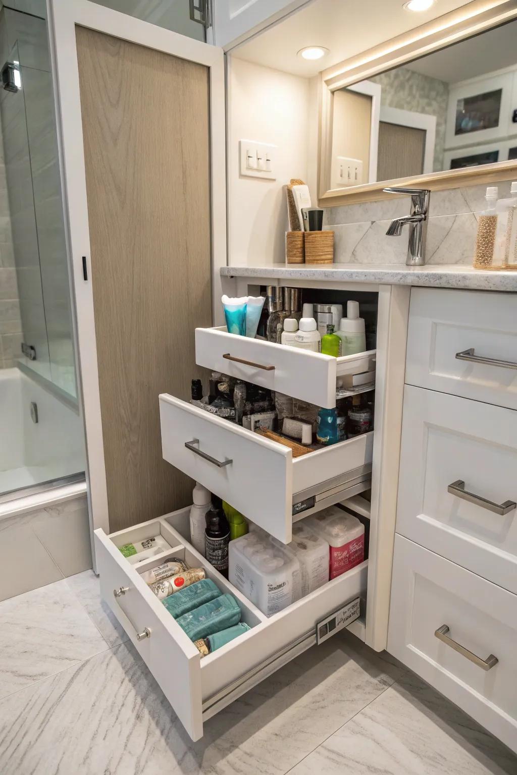 Deep cabinet with pull-out drawers for easy access to items stored at the back.