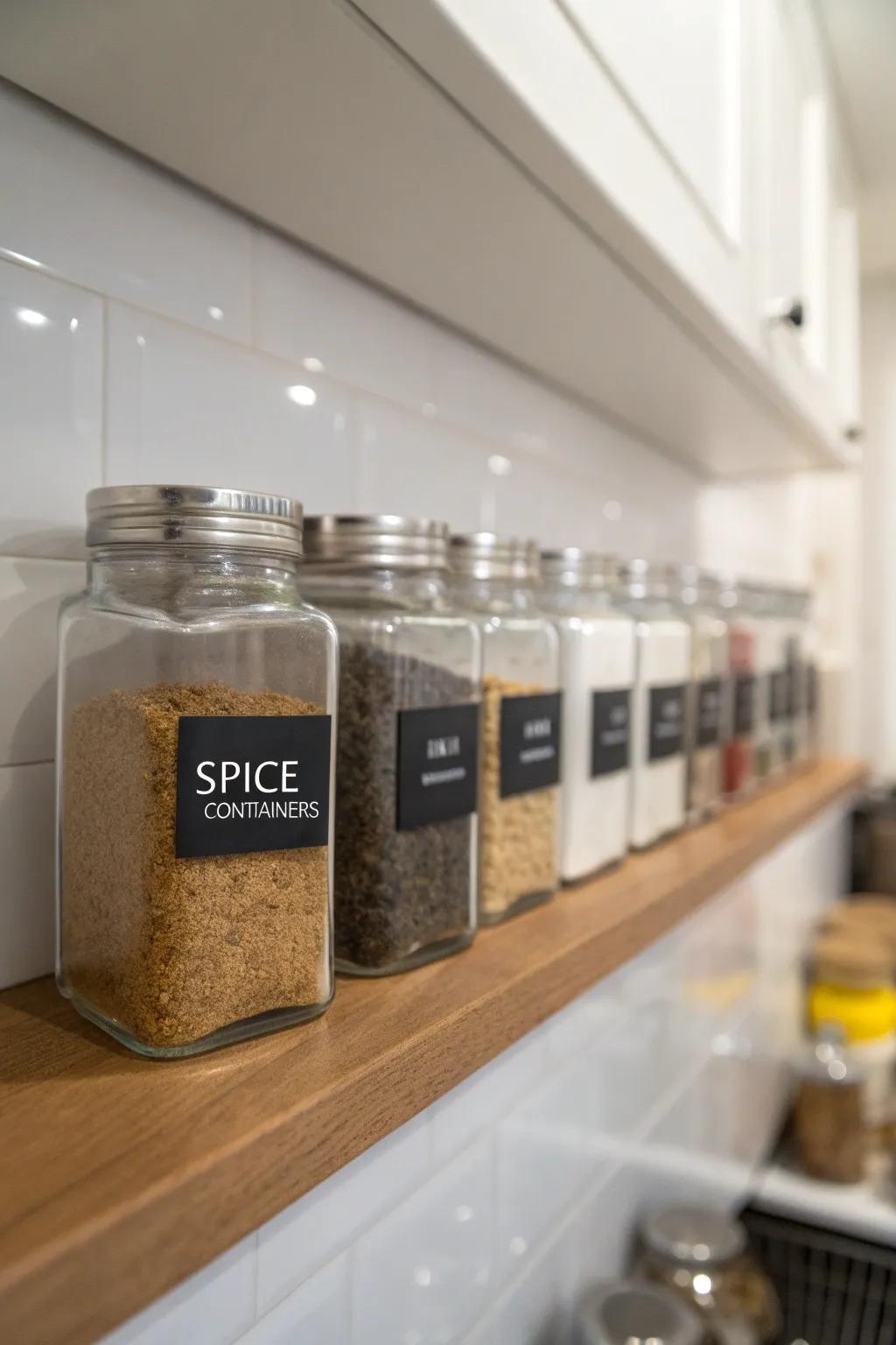 Matching see-through containers ensure spices are stylishly organized.