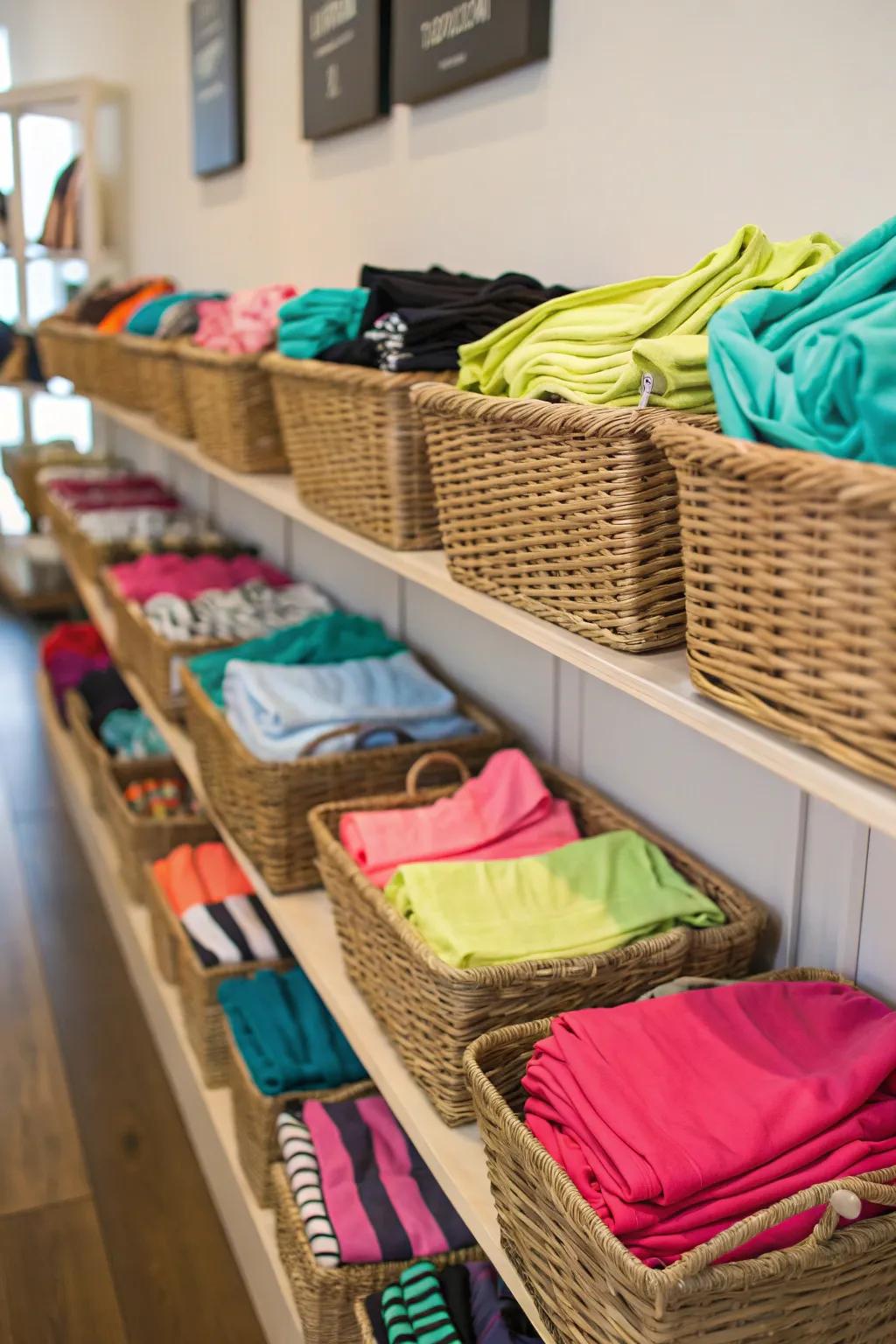 Baskets located on shelves with nicely organized workout attire.