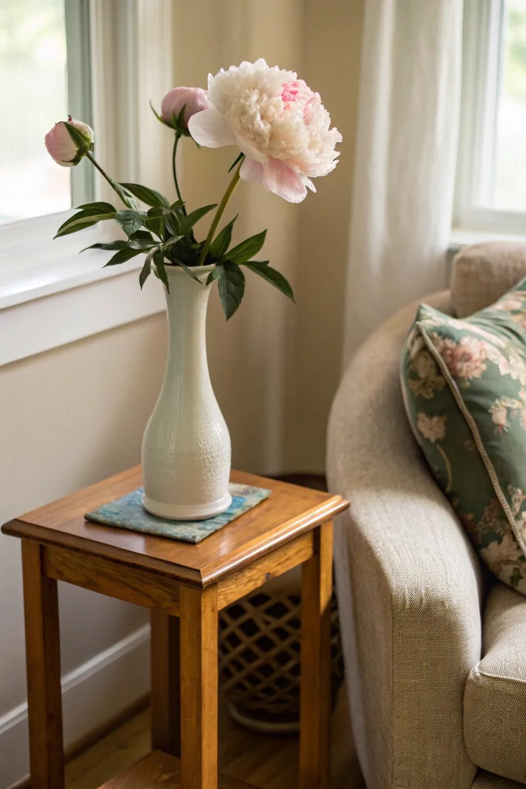 A minimalist composition featuring a singular peony housed in a slender vase.
