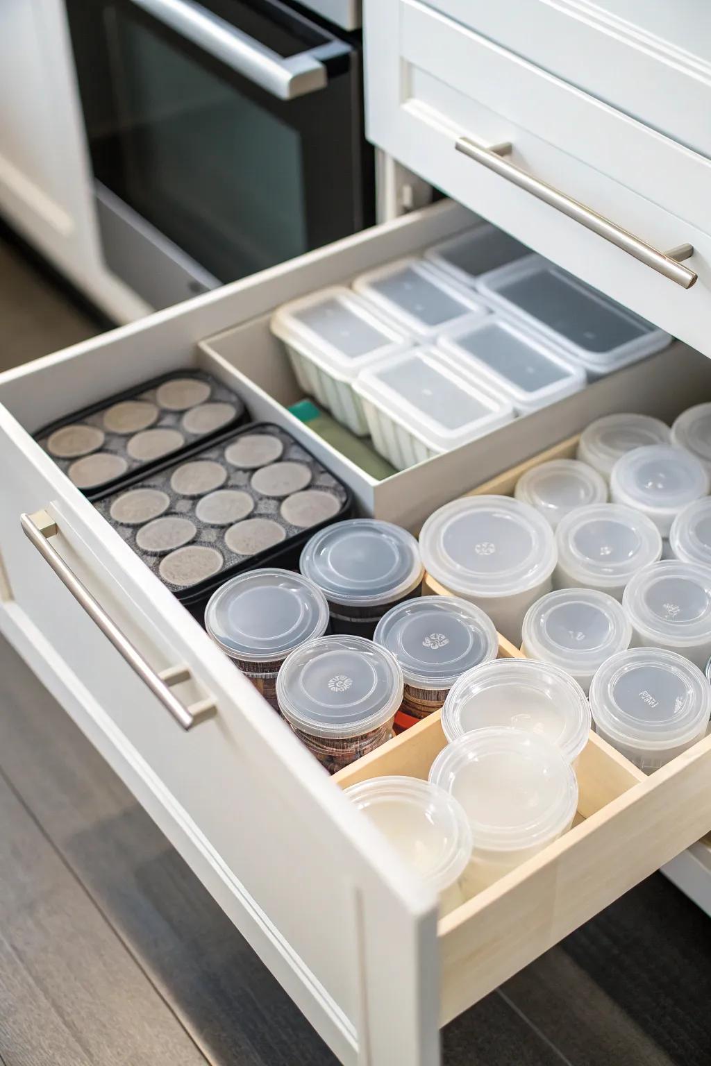 Drawer featuring dividers that create compartments for plastic containers and lids.
