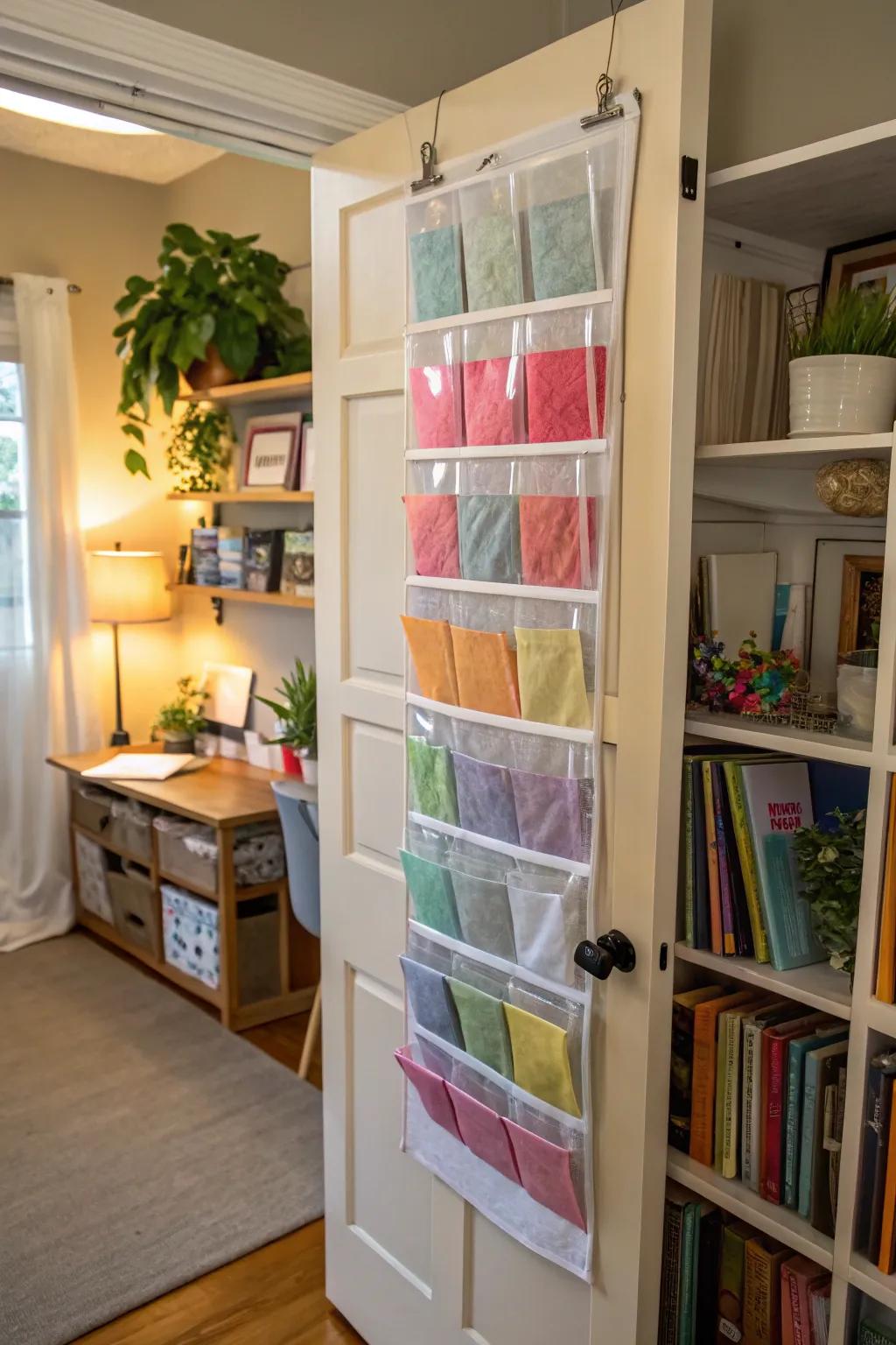 A space-efficient door-hanging organizer designed for tissue paper.
