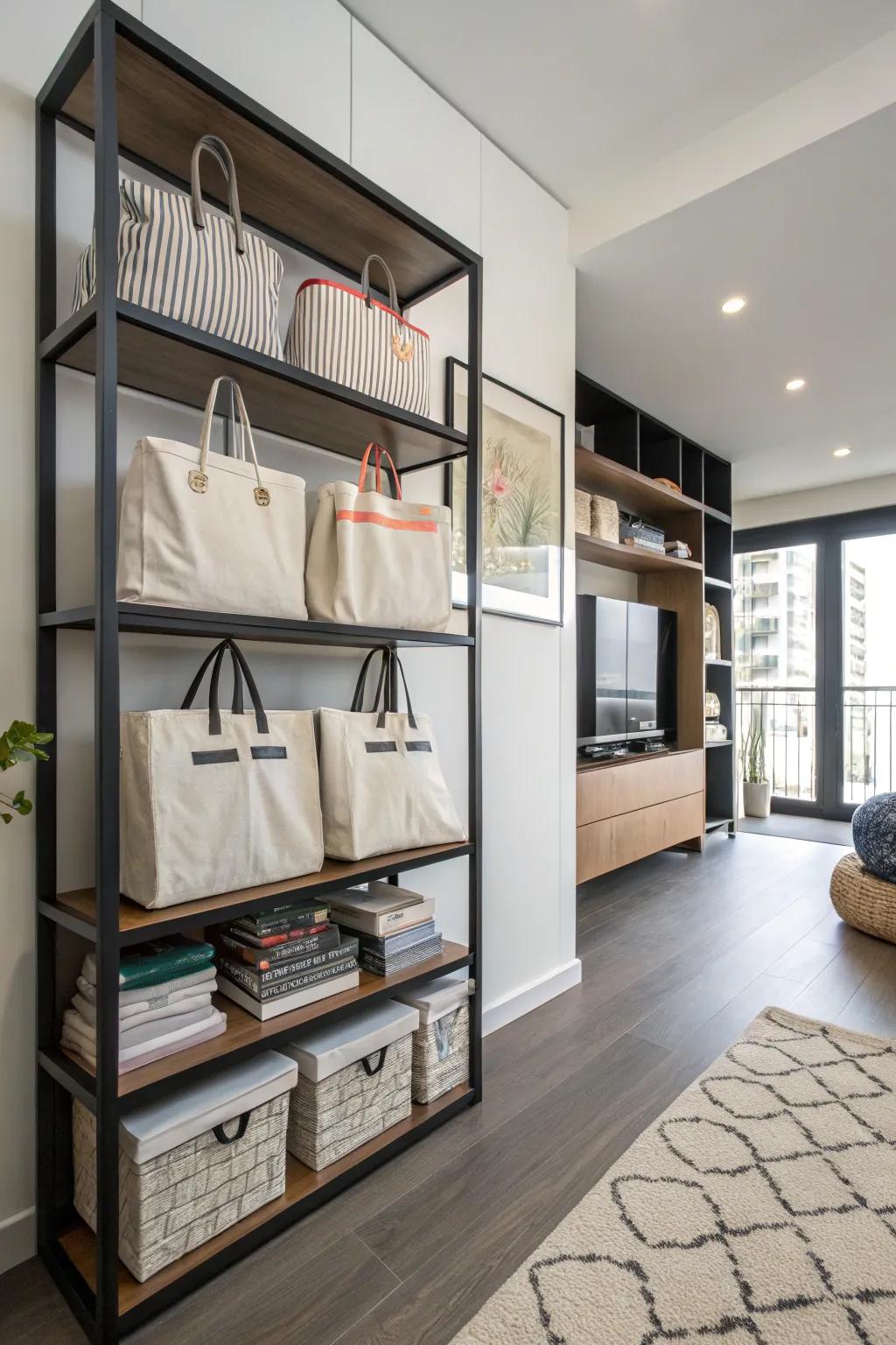 Shelves provide a functional and attractive means of storing carryalls.