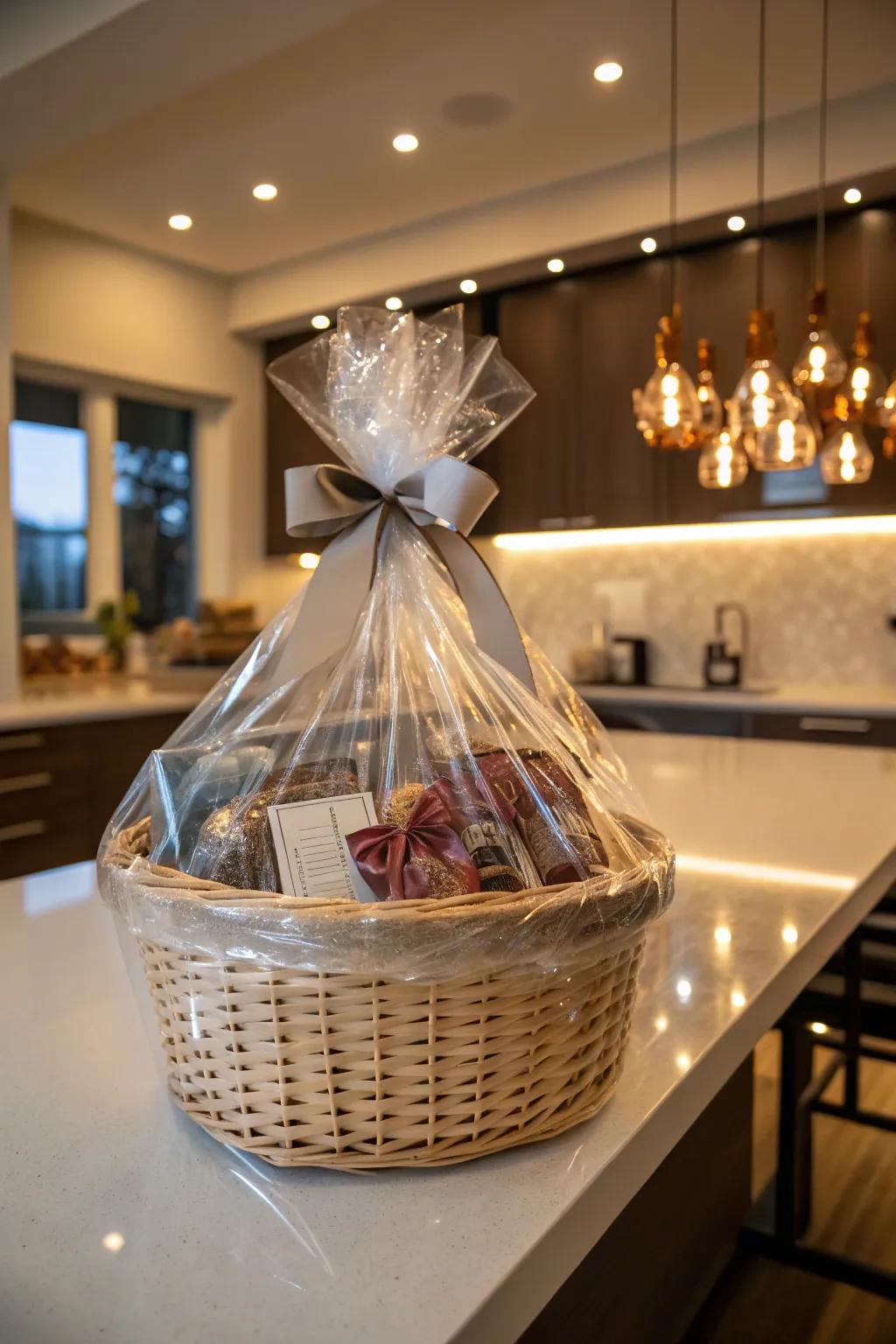 Shrink-wrapped baskets are modern and protected.