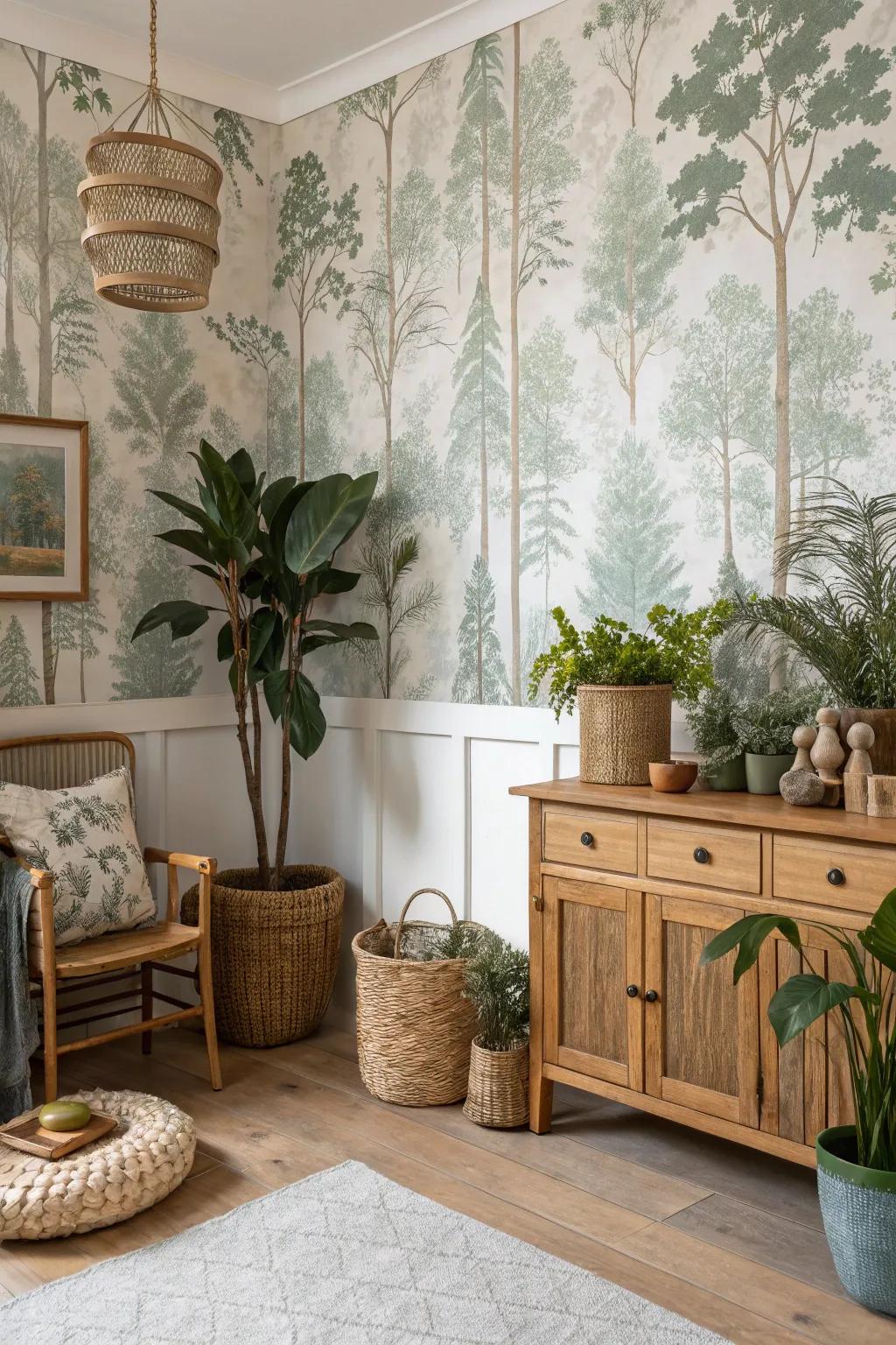 Wildlife portrayed as wallpaper motifs seamlessly bridges indoors with nature.