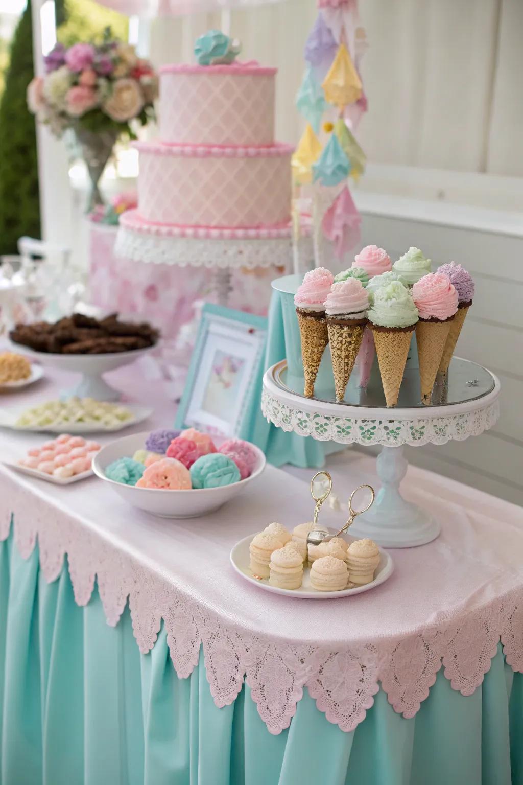 A pastel-themed ice cream table harmonizes with the party’s decorations.