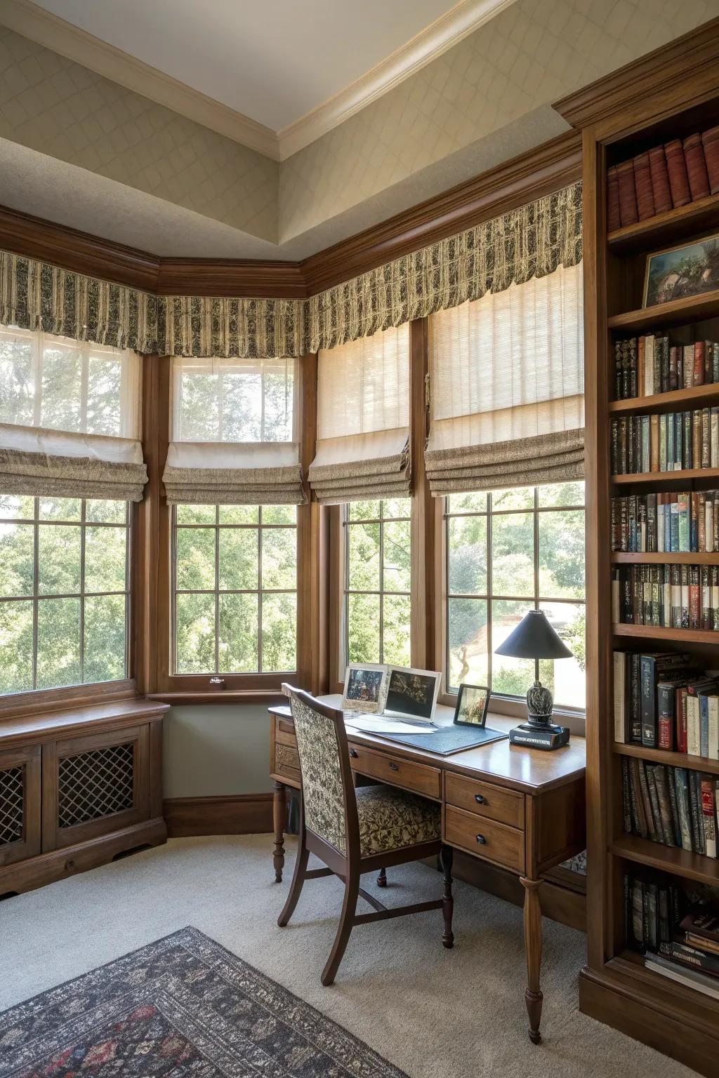 Layered window toppers add sophistication and dimension.