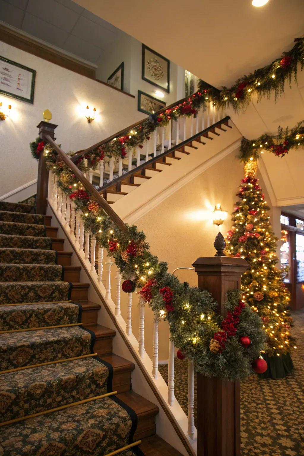 A celebratory staircase greeting guests with holiday festivity.