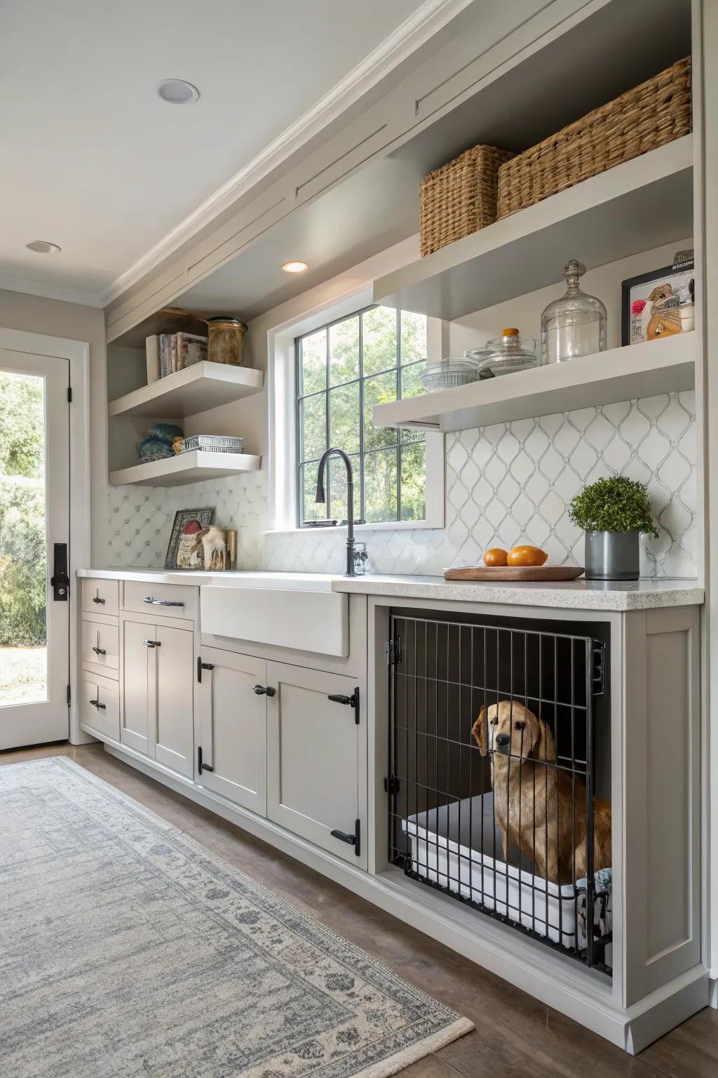 A cleverly concealed dog kennel seamlessly integrated into the kitchen cabinetry.