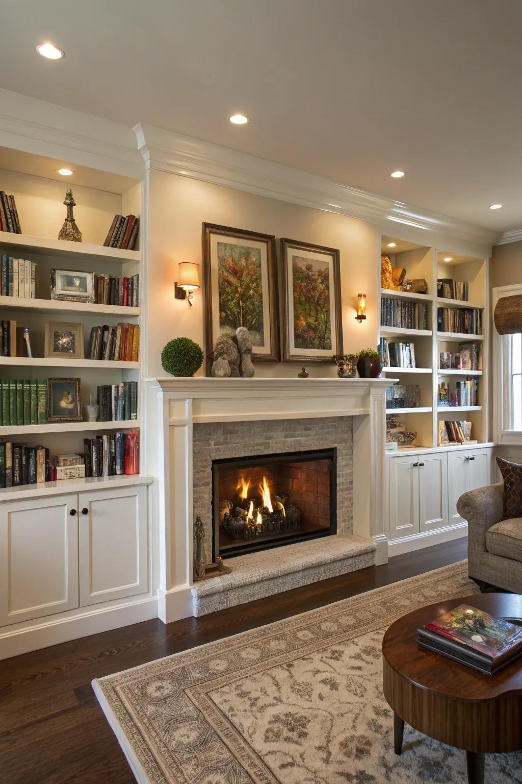 A living space featuring a fireplace complemented by integrated shelving filled with literature and decor.
