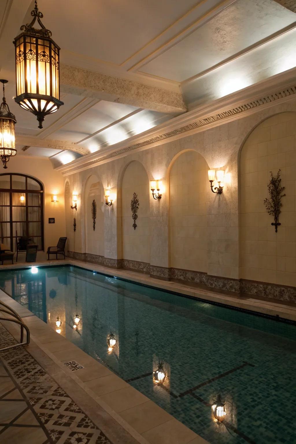 An indoor pool featuring soothing ambient lighting