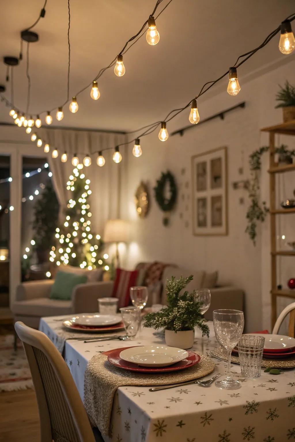 Enhance your dining experience with festive twinkle lights above the table.
