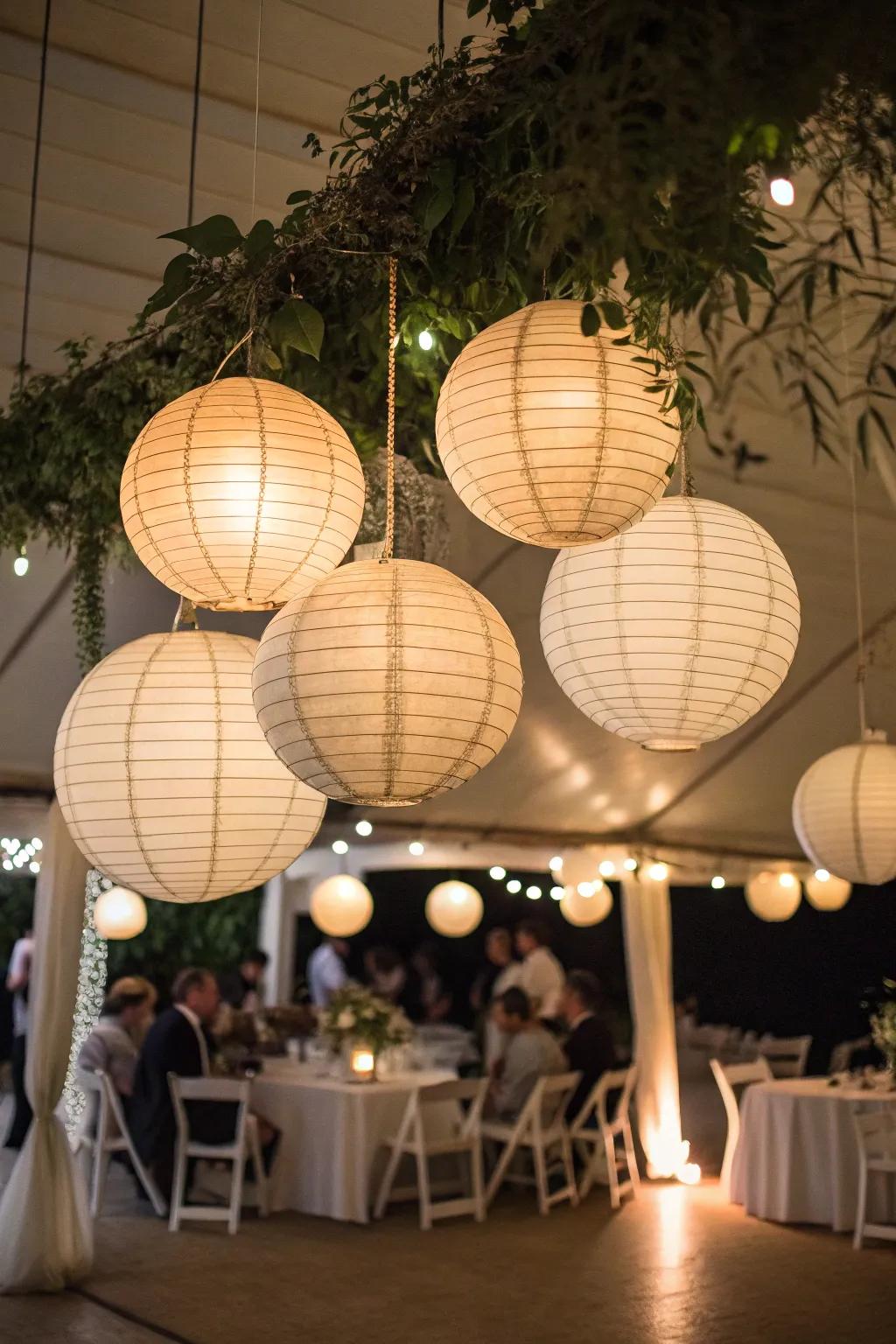 Suspended lanterns establish a welcoming and gentle ambiance.