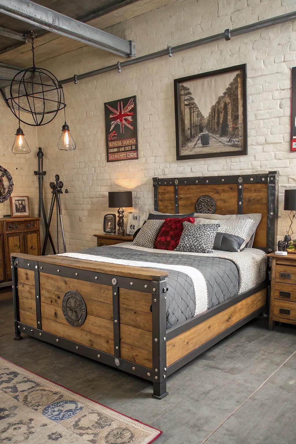 Timber and metallic furnishings establish a balanced appearance in this industrial environment.