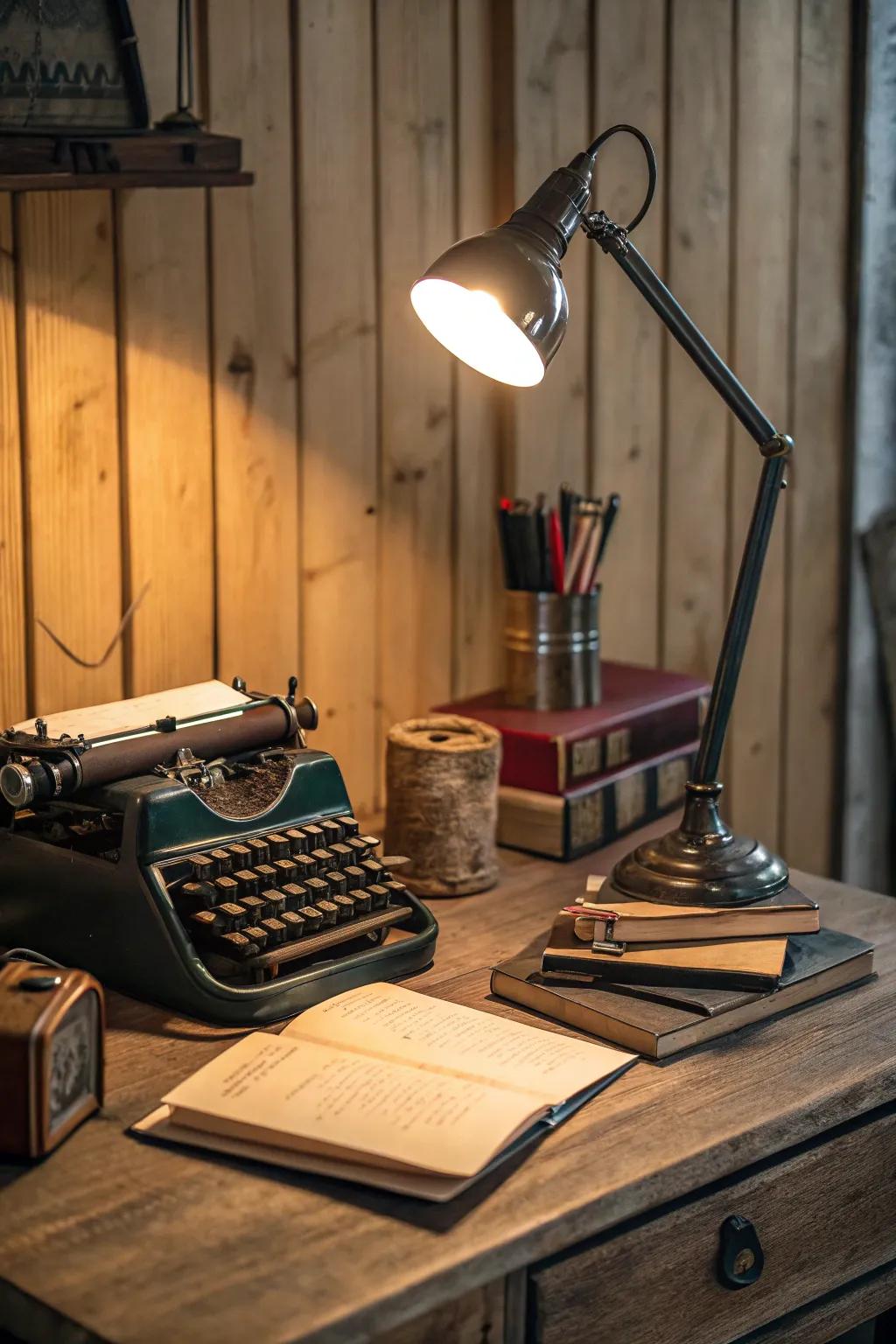 Vintage accents infuse charm and character into your industrial desk.