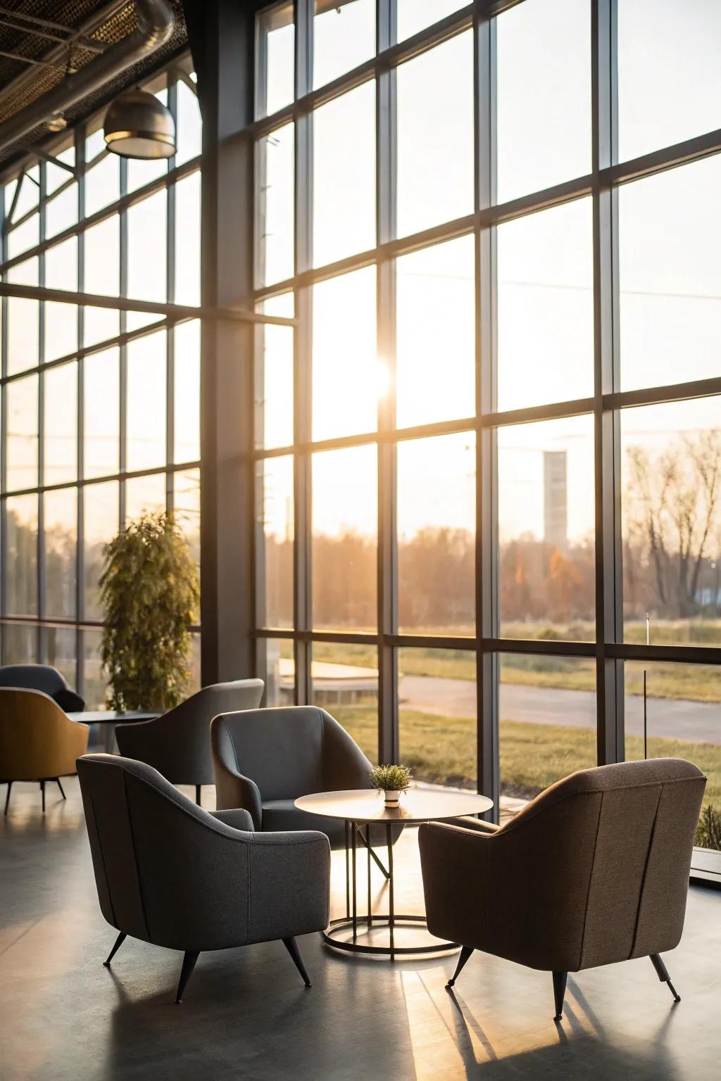 Large windows fill the room with natural light, intensifying the industrial feel.