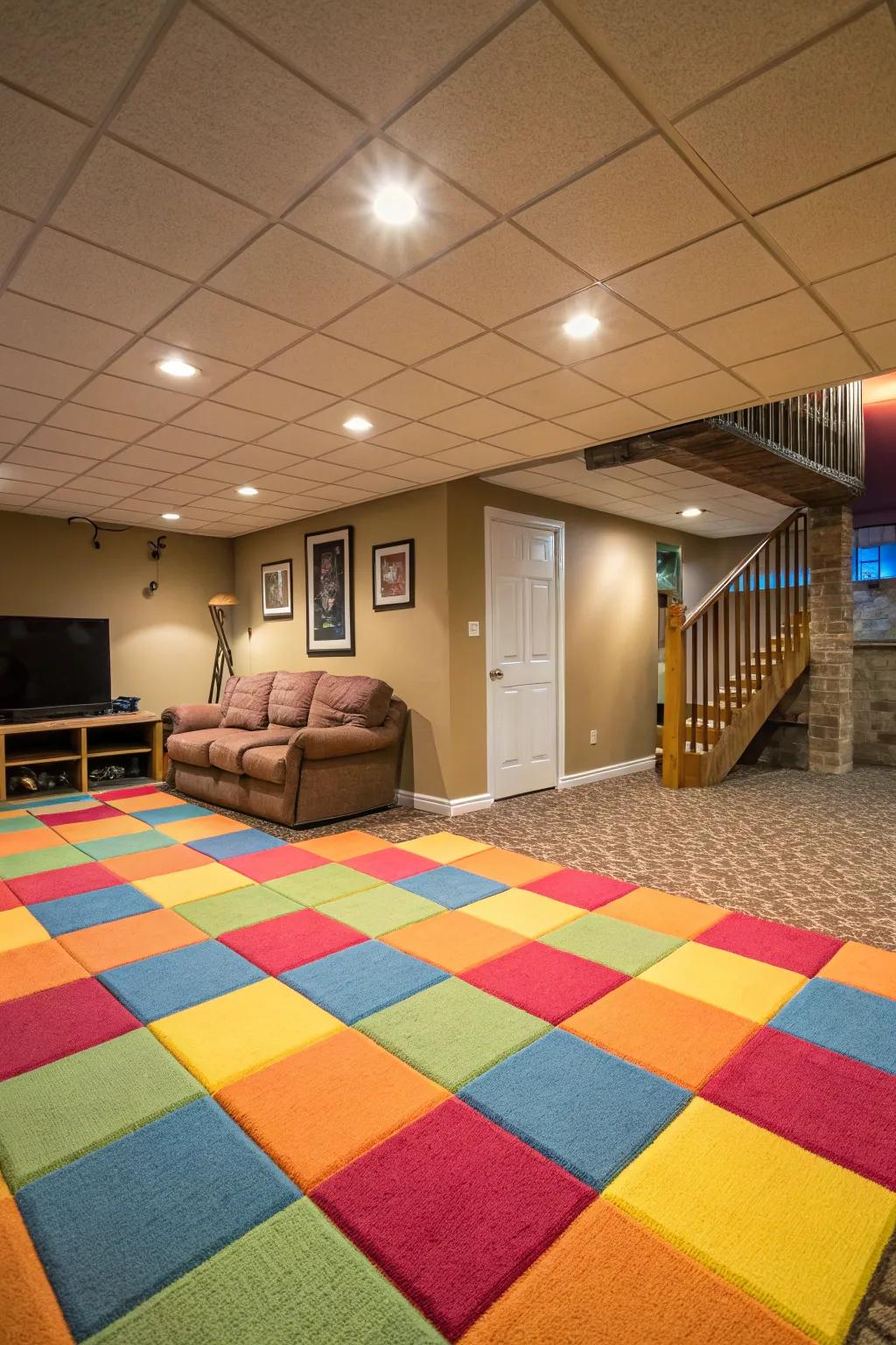 Carpet tiles add warmth and are simple to maintain.