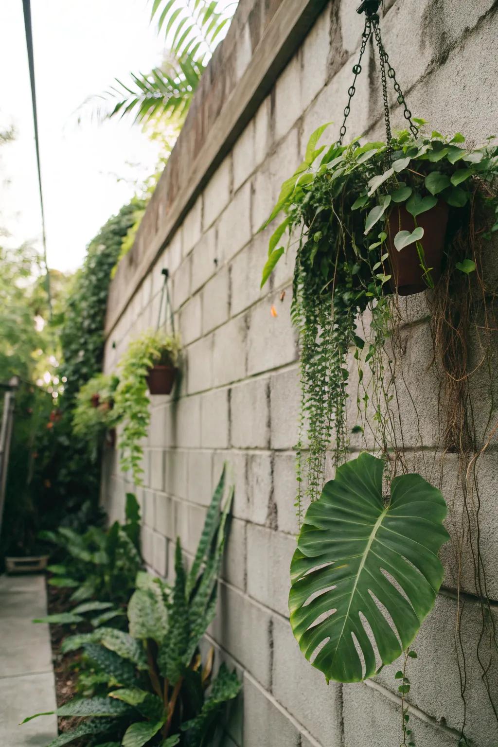 Lively greenery breathes life into a cinder block wall.