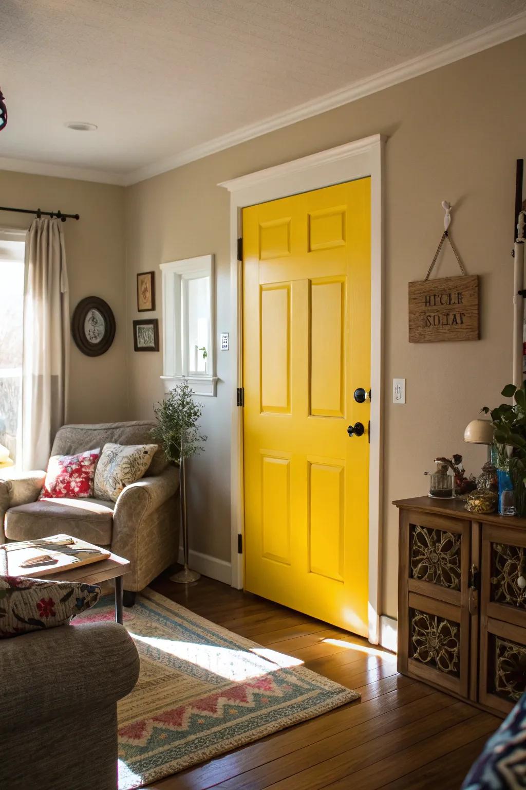 A cheerful yellow door brightening the room.