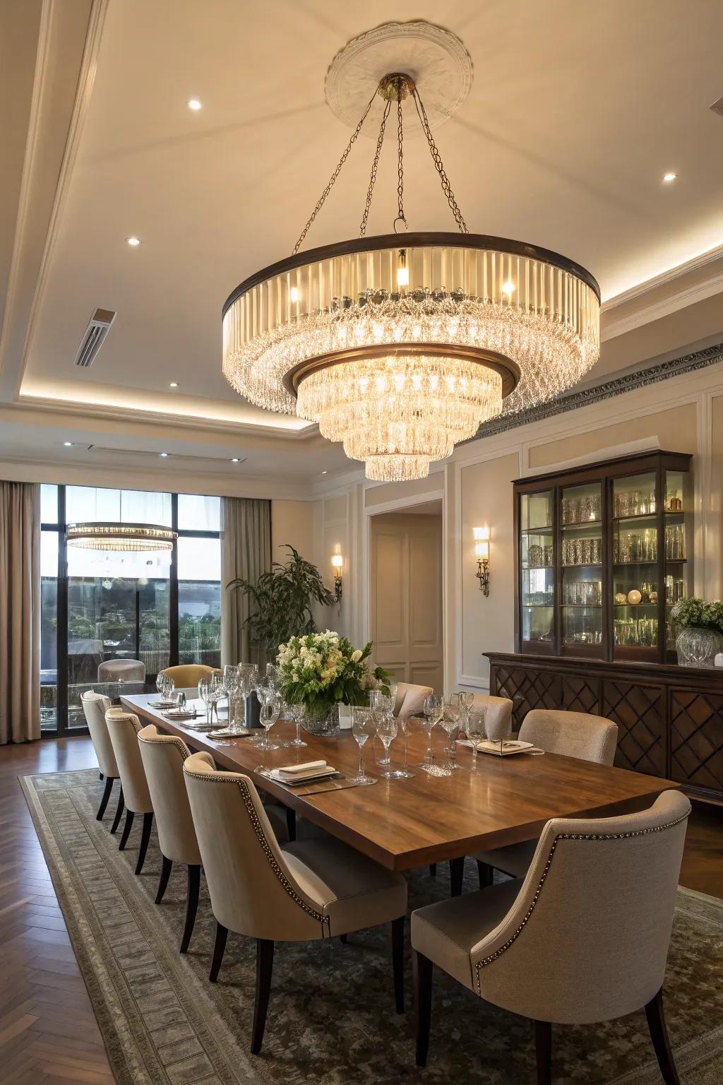 A striking contemporary hanging light serves as a key feature in a dining setting.