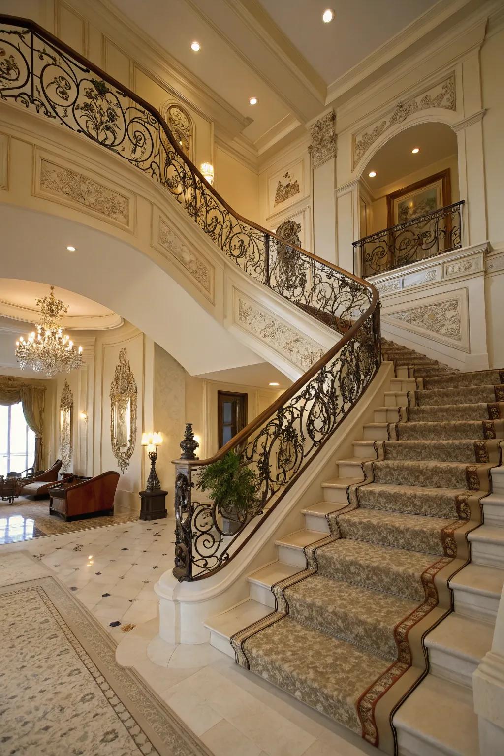 A majestic staircase emphasized by intricate decorative trim and moldings.